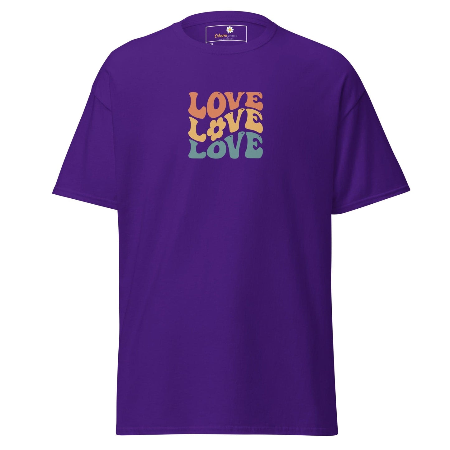 Purple t-shirt with ’LOVE’ graphic.