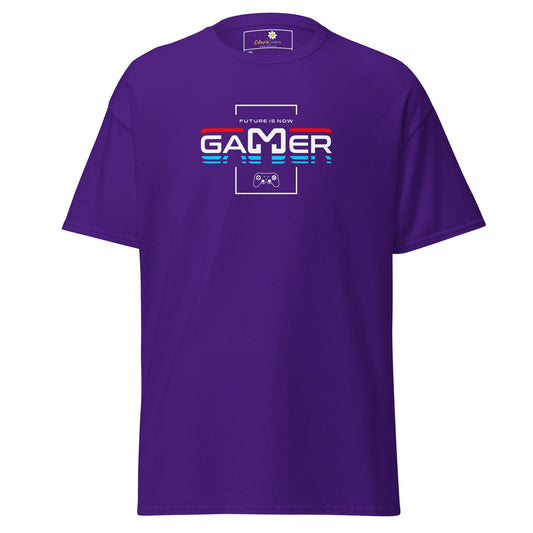 Purple t-shirt with ’Gamer’ graphic.