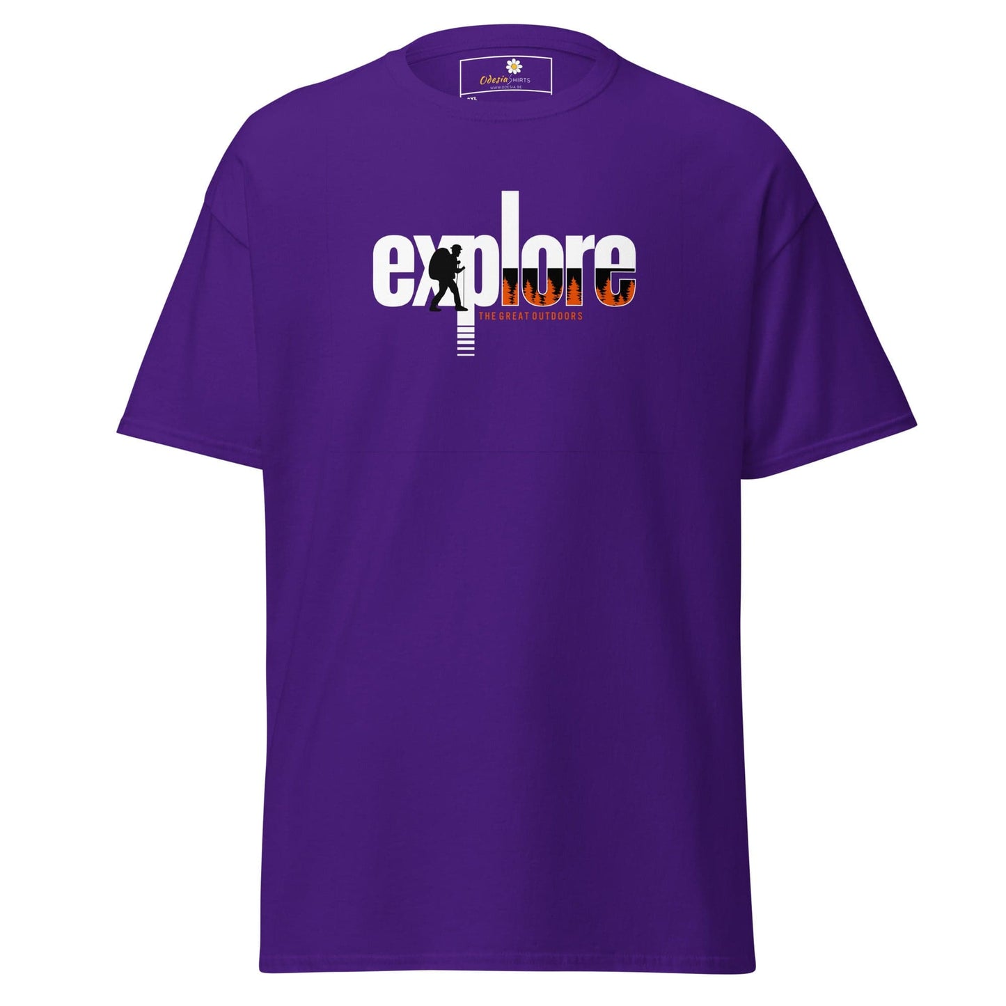 Purple t-shirt with ’explore’ graphic.