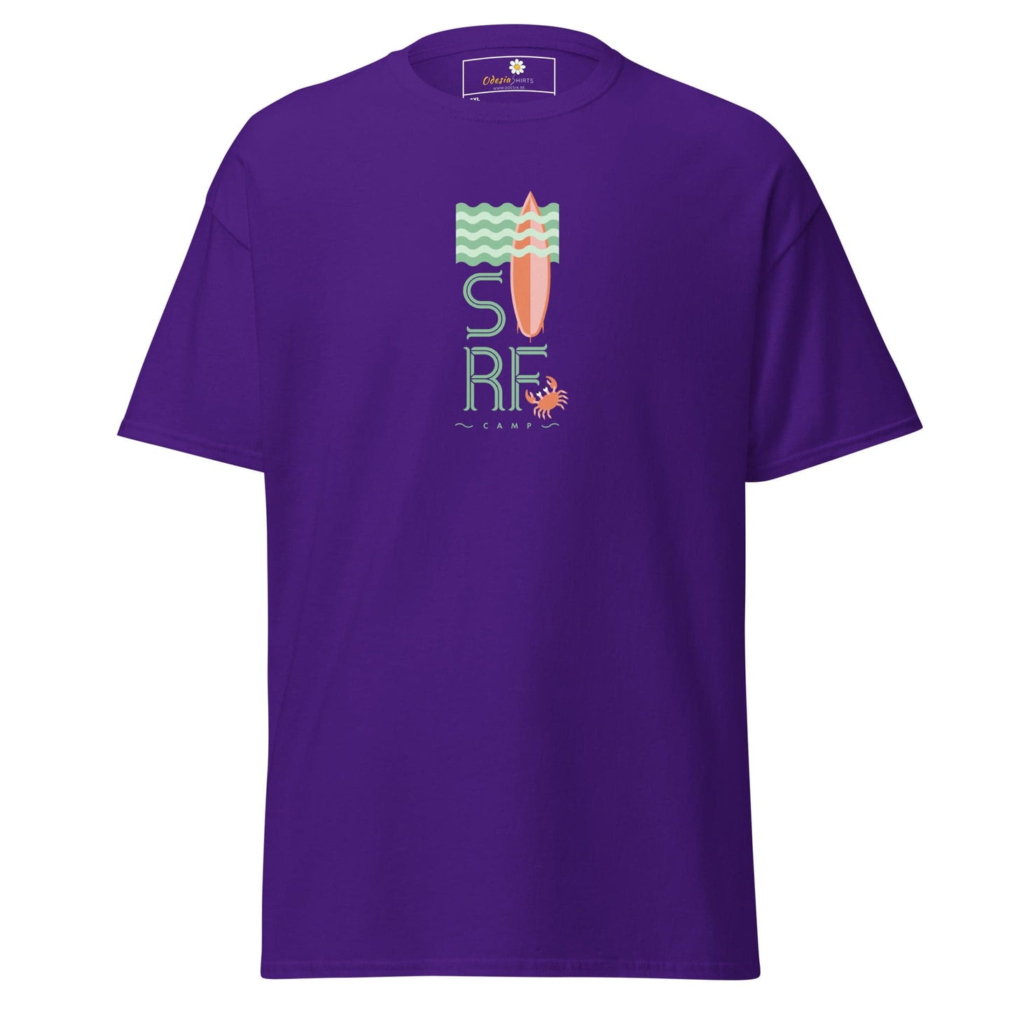 Purple t-shirt with surf camp design.
