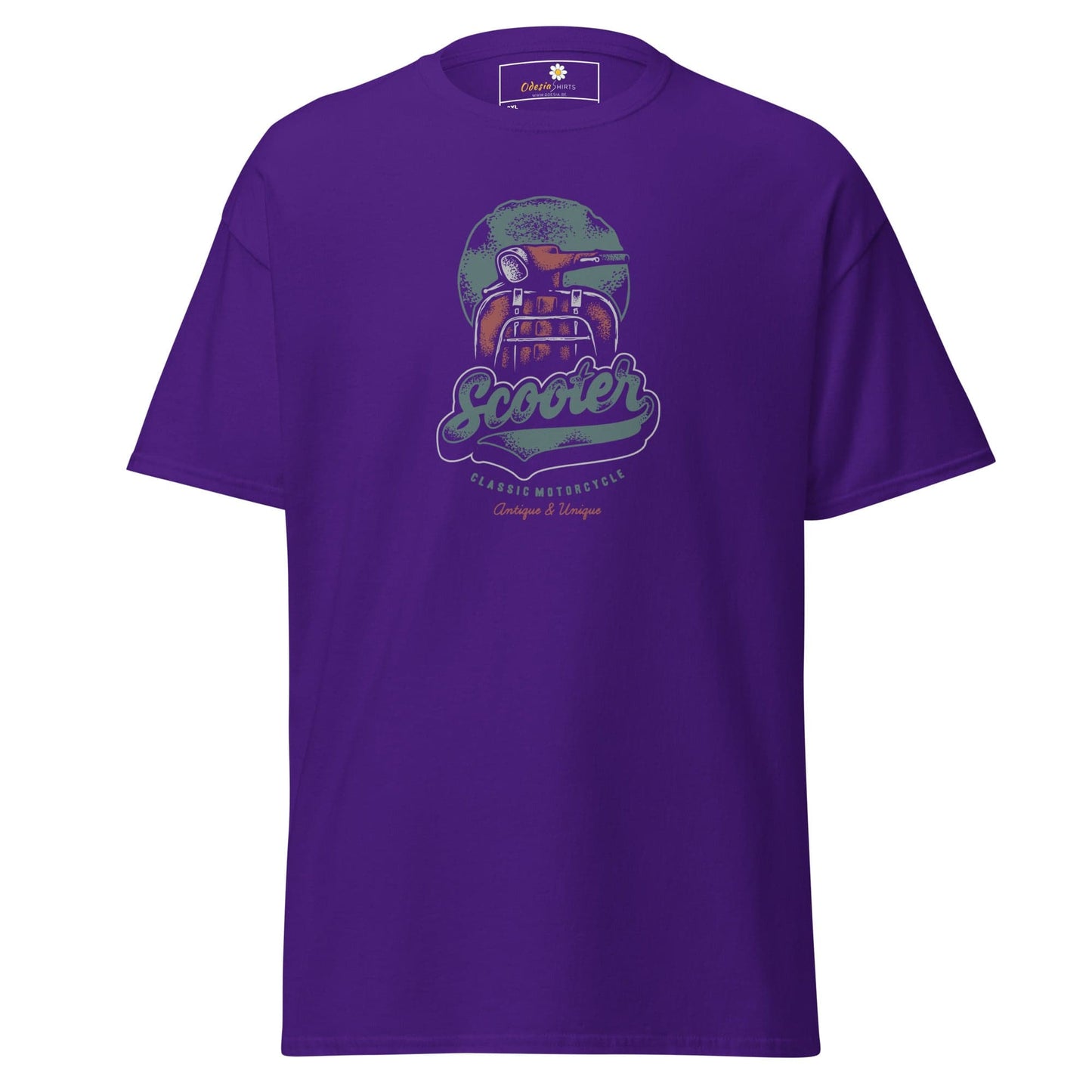 Purple t-shirt with scooter graphic.