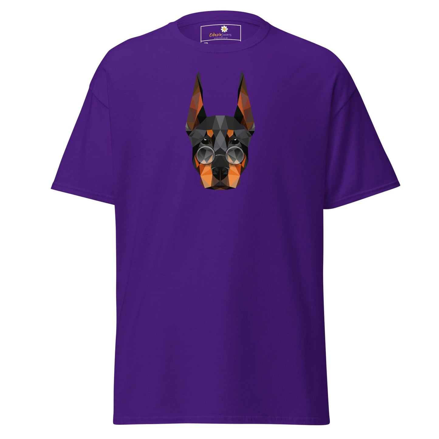 Purple T-shirt featuring geometric dog design for men and women in extended sizes