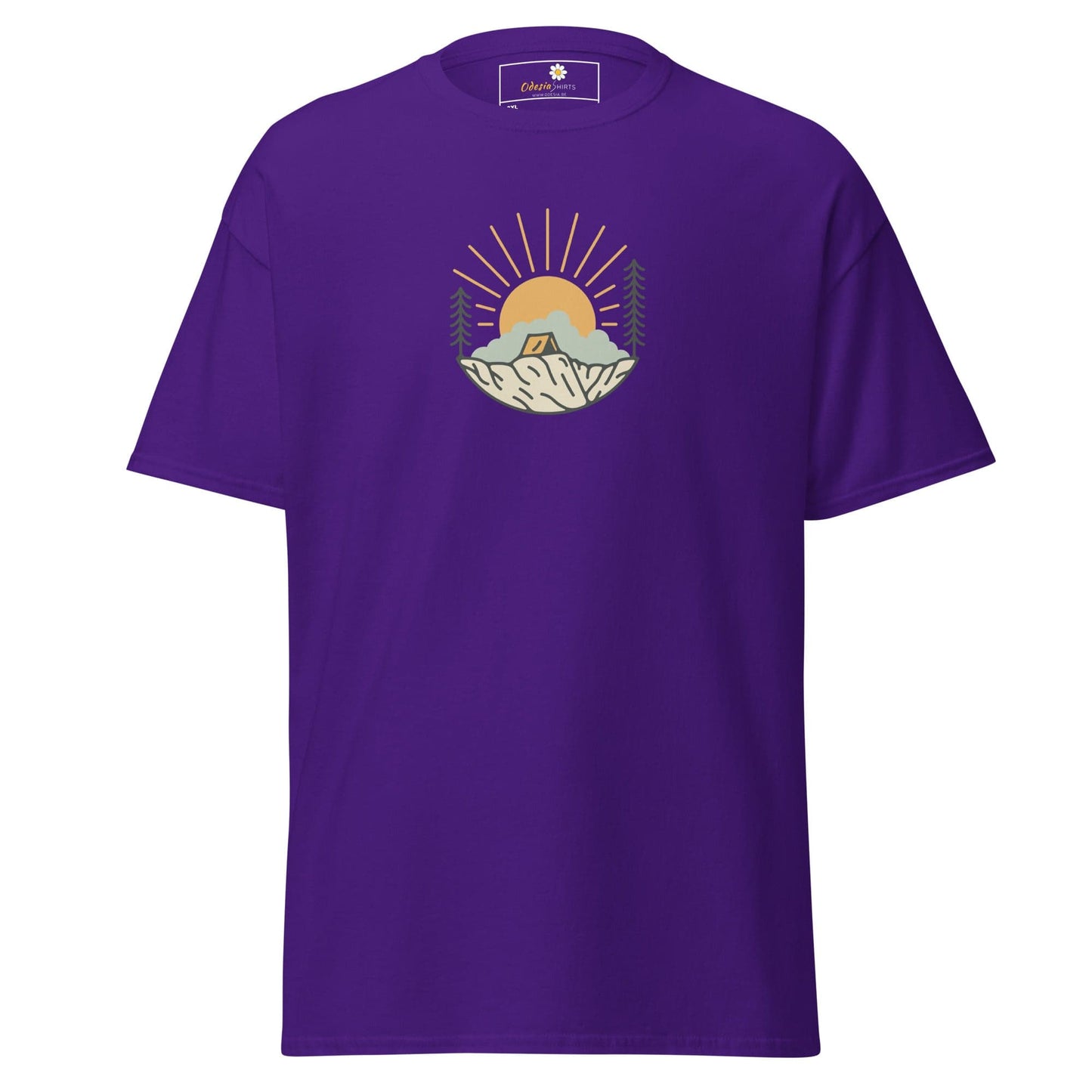 Purple t-shirt with camping graphic.