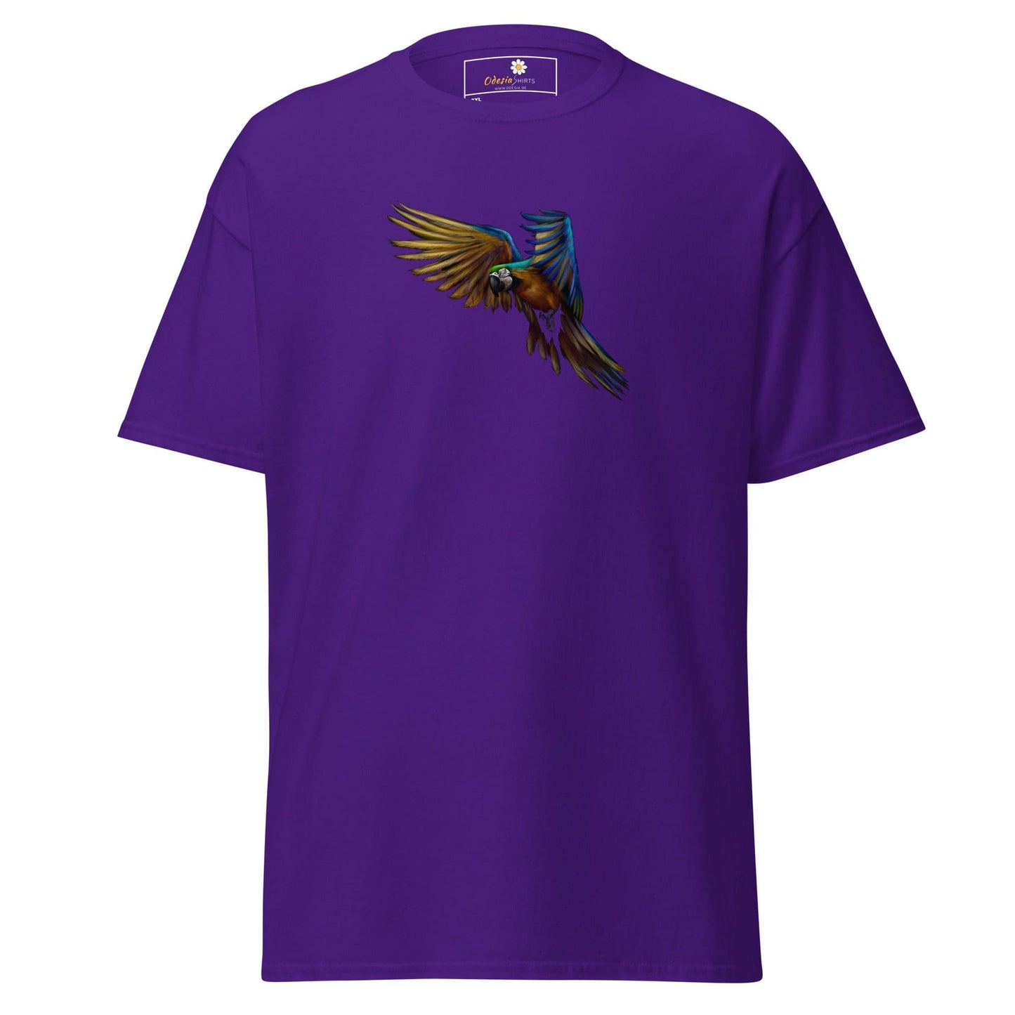 Purple T-shirt with colorful parrot graphic for men and women in sizes 2XL to 5XL