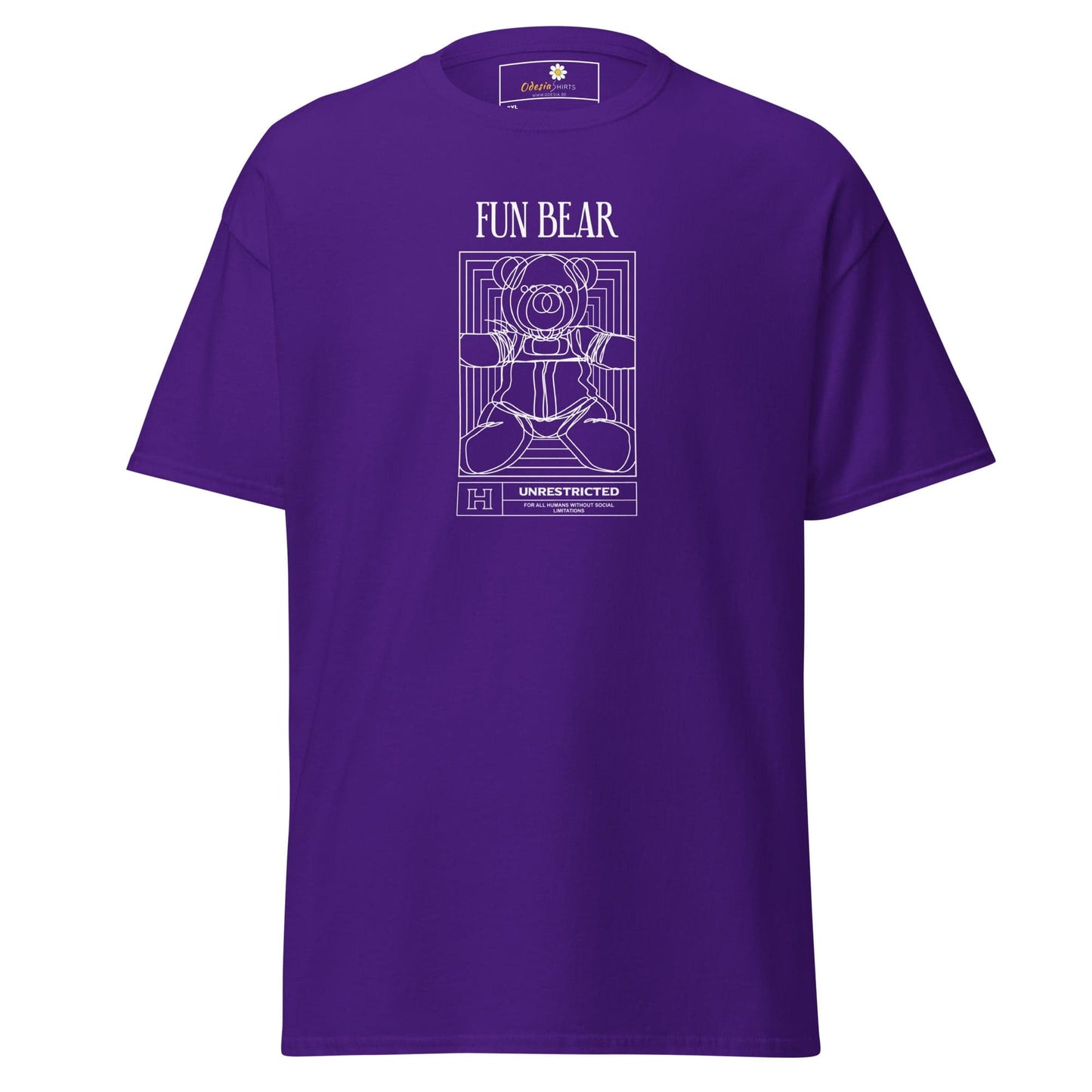 Purple t-shirt with bear graphic.