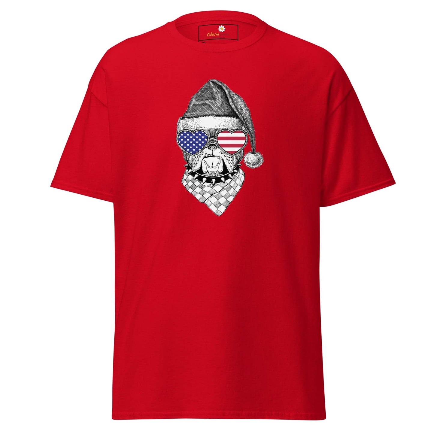 Red T-shirt featuring a dog with American flag sunglasses and Santa hat for men and women