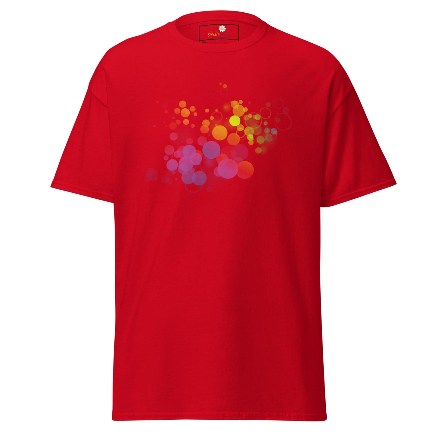 Red T-shirt with colorful circle design for men and women in 2XL to 5XL sizes