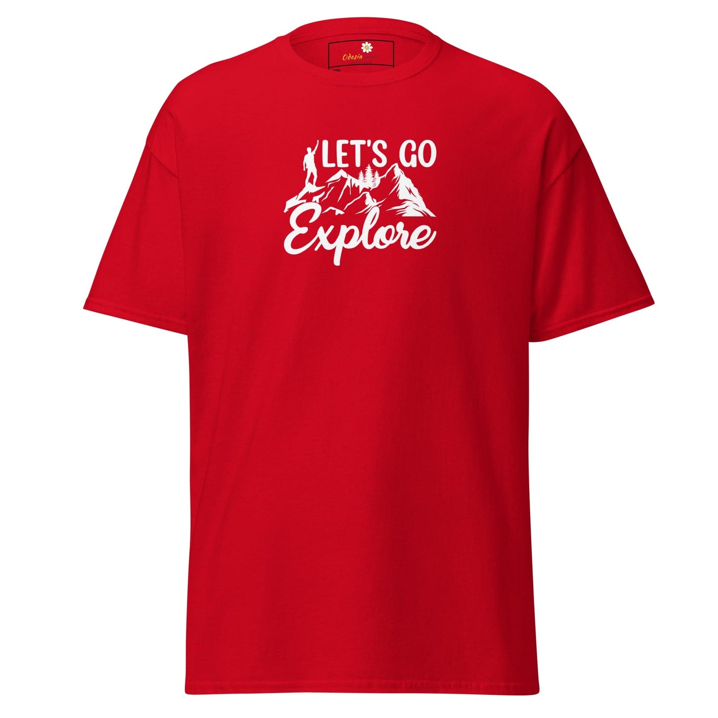 Red men’s and women’s T-shirt with Let’s Go Explore graphic in 2XL to 5XL sizes