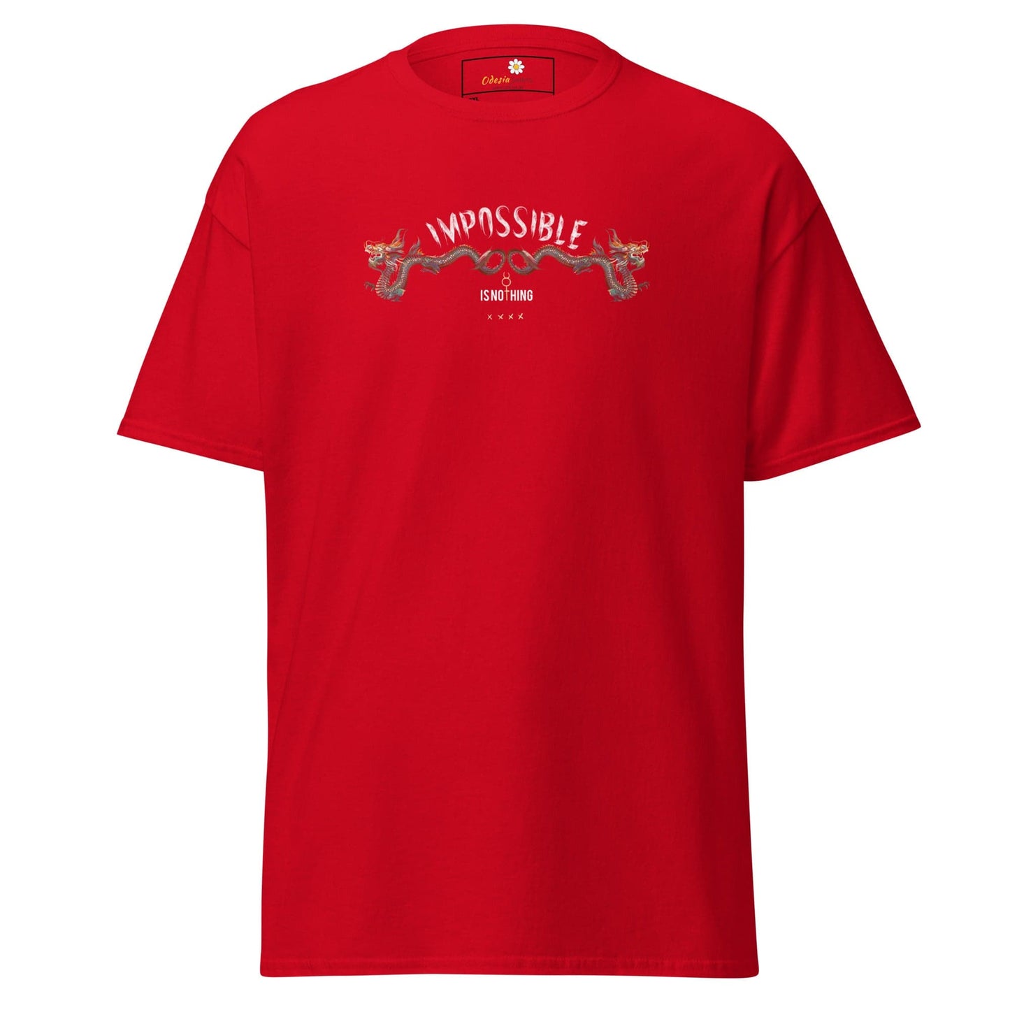 Red t-shirt with dragon design.