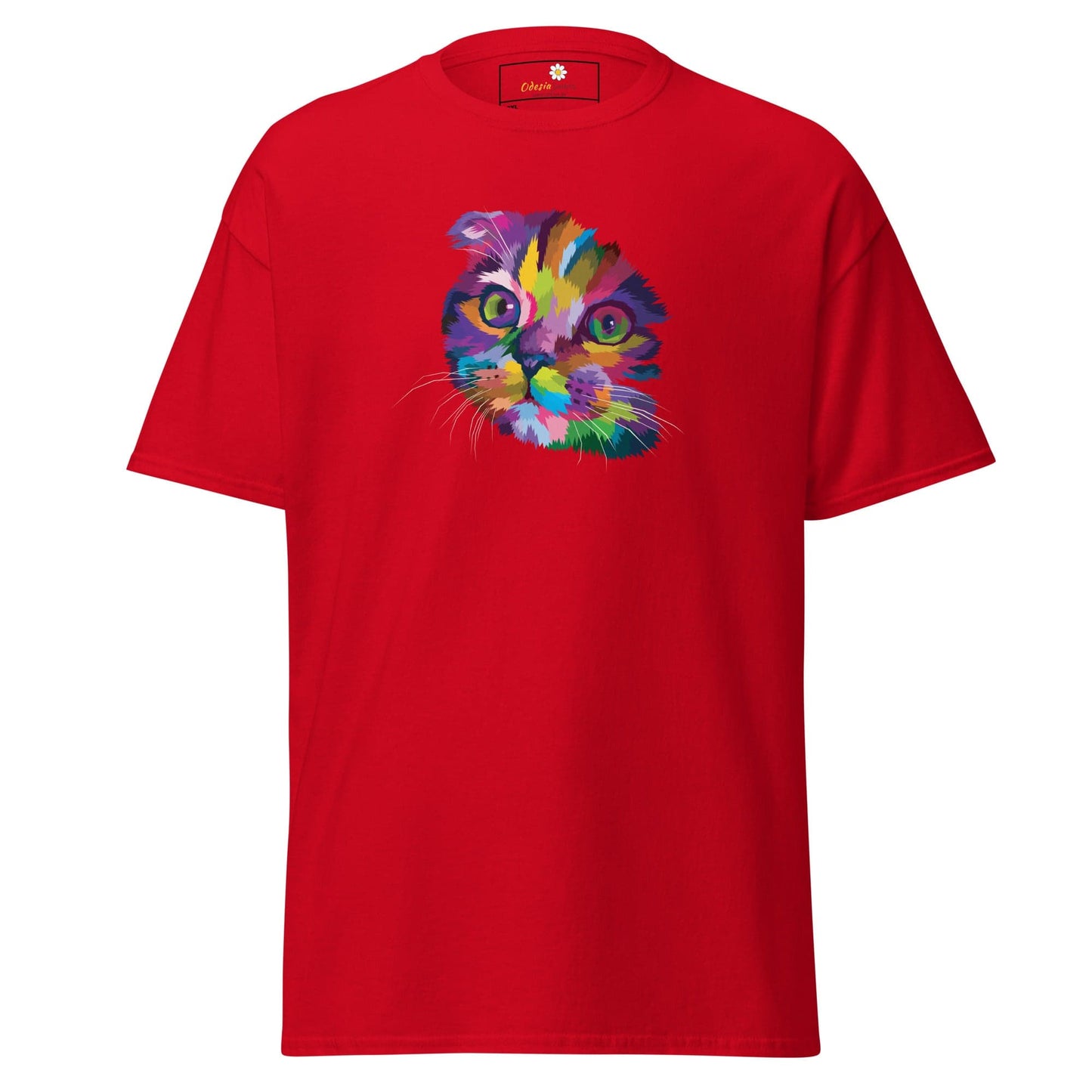 Red T-shirt with colorful cat graphic from T-SHIRT DESIGN TEE for Men and Women