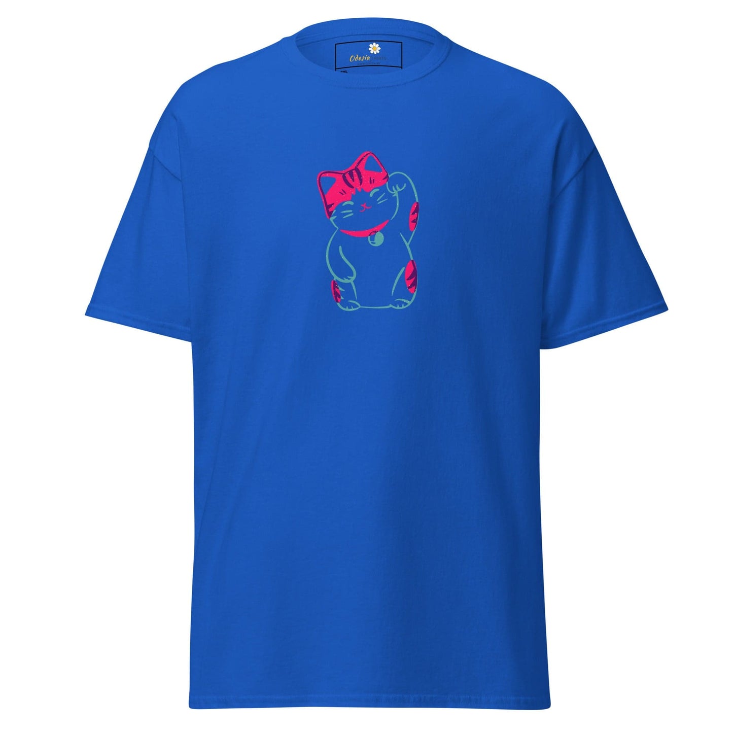 Blue T-shirt with pink and blue cat design for men and women, available in size 2XL to 5XL