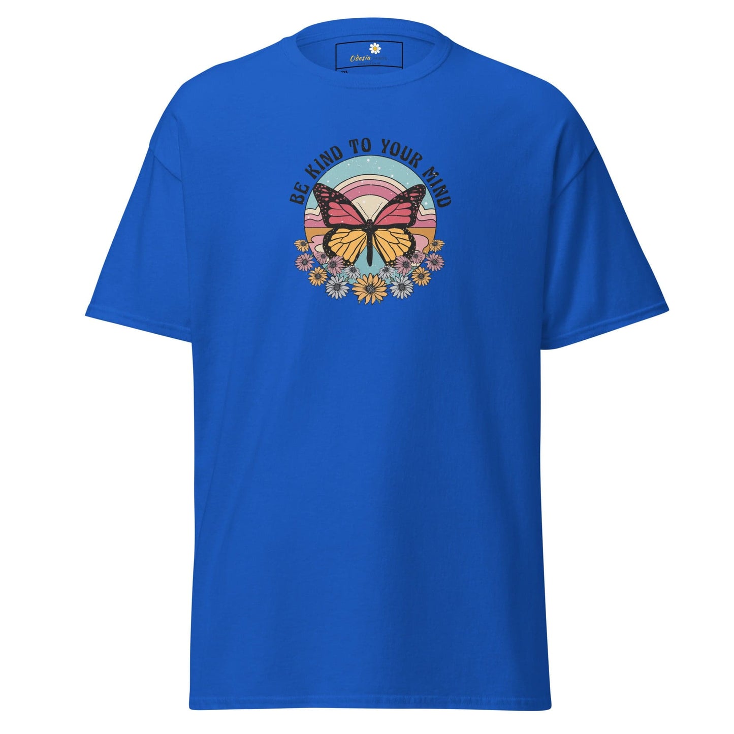 Blue t-shirt with butterfly graphic.