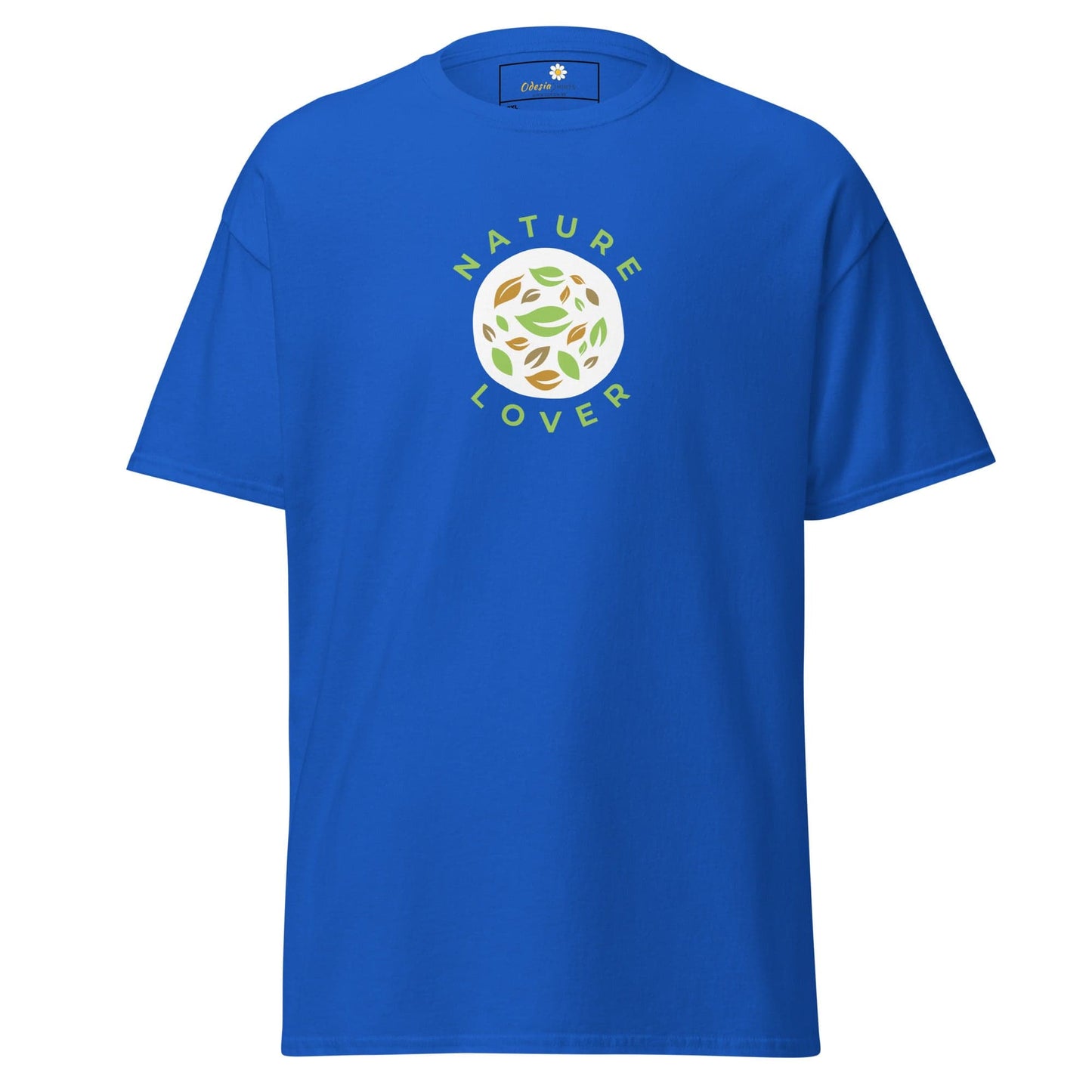 Blue t-shirt with nature-themed graphic.