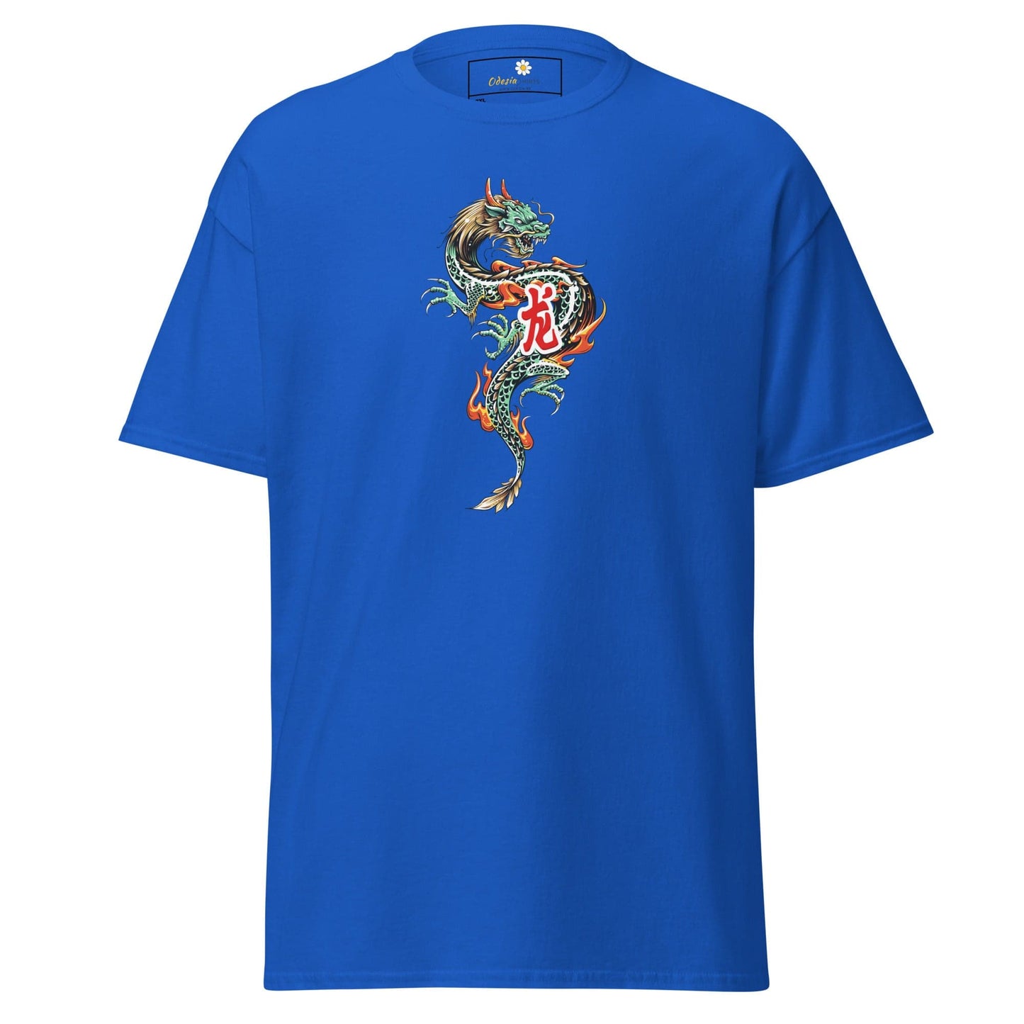 Blue t-shirt with dragon design.
