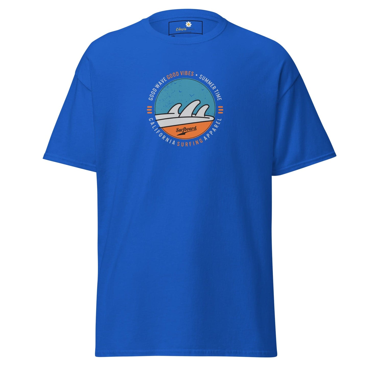 Blue t-shirt with surfing graphic.