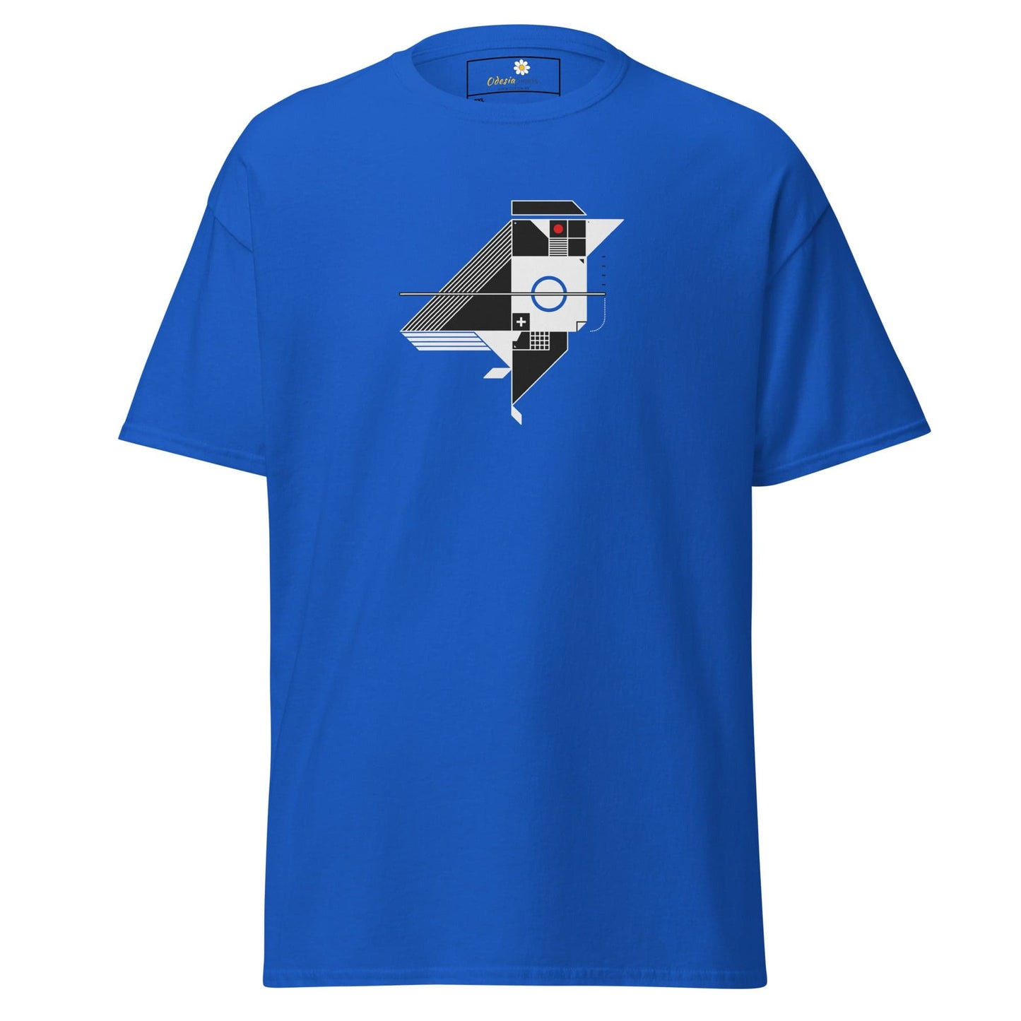 Blue t-shirt with geometric bird design.