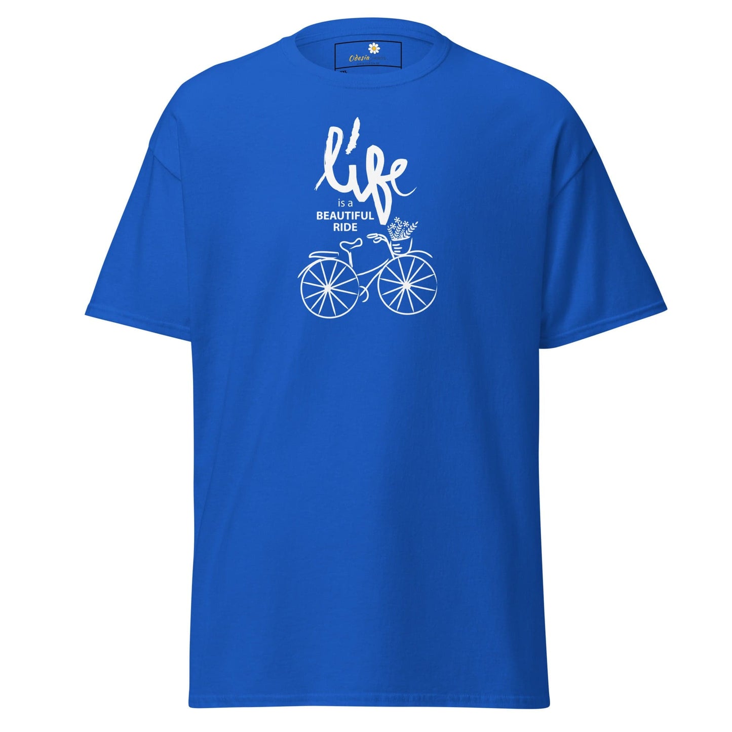 Blue T-shirt with bicycle graphic from T-SHIRT DESIGN TEE for Men and Women in 2XL to 5XL