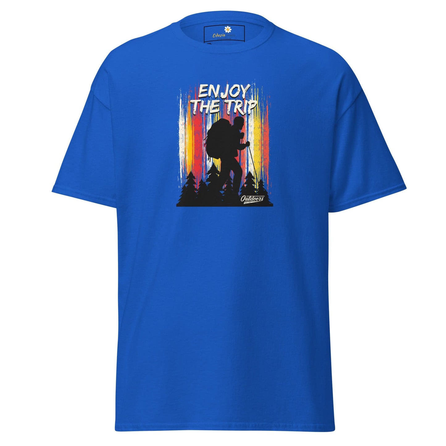 Blue t-shirt with hiker graphic.