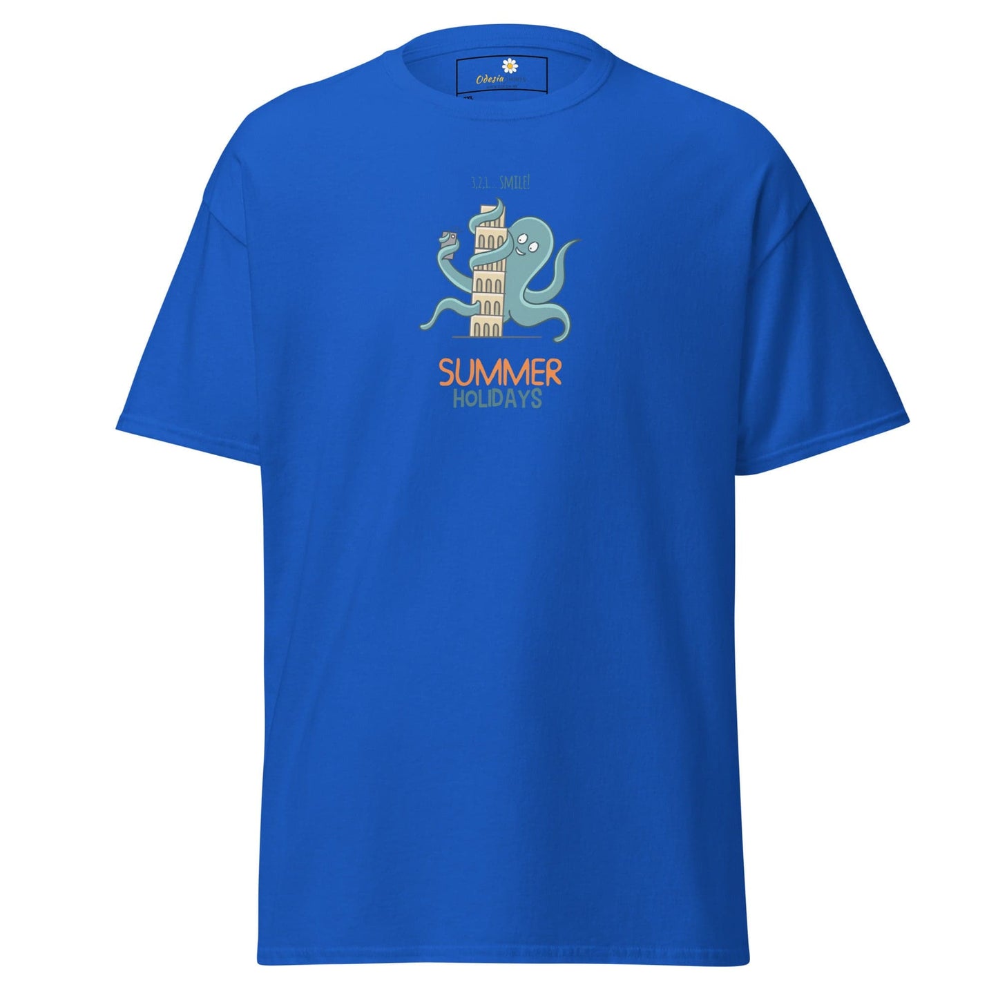 Blue t-shirt with octopus and tower graphic.