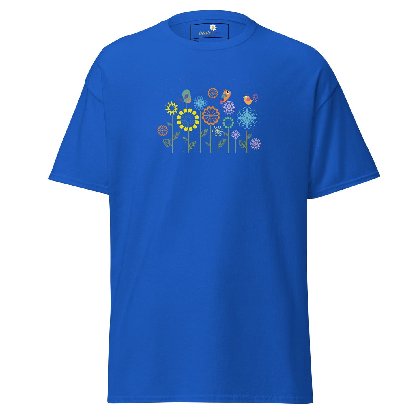 Blue t-shirt with floral and bird design.