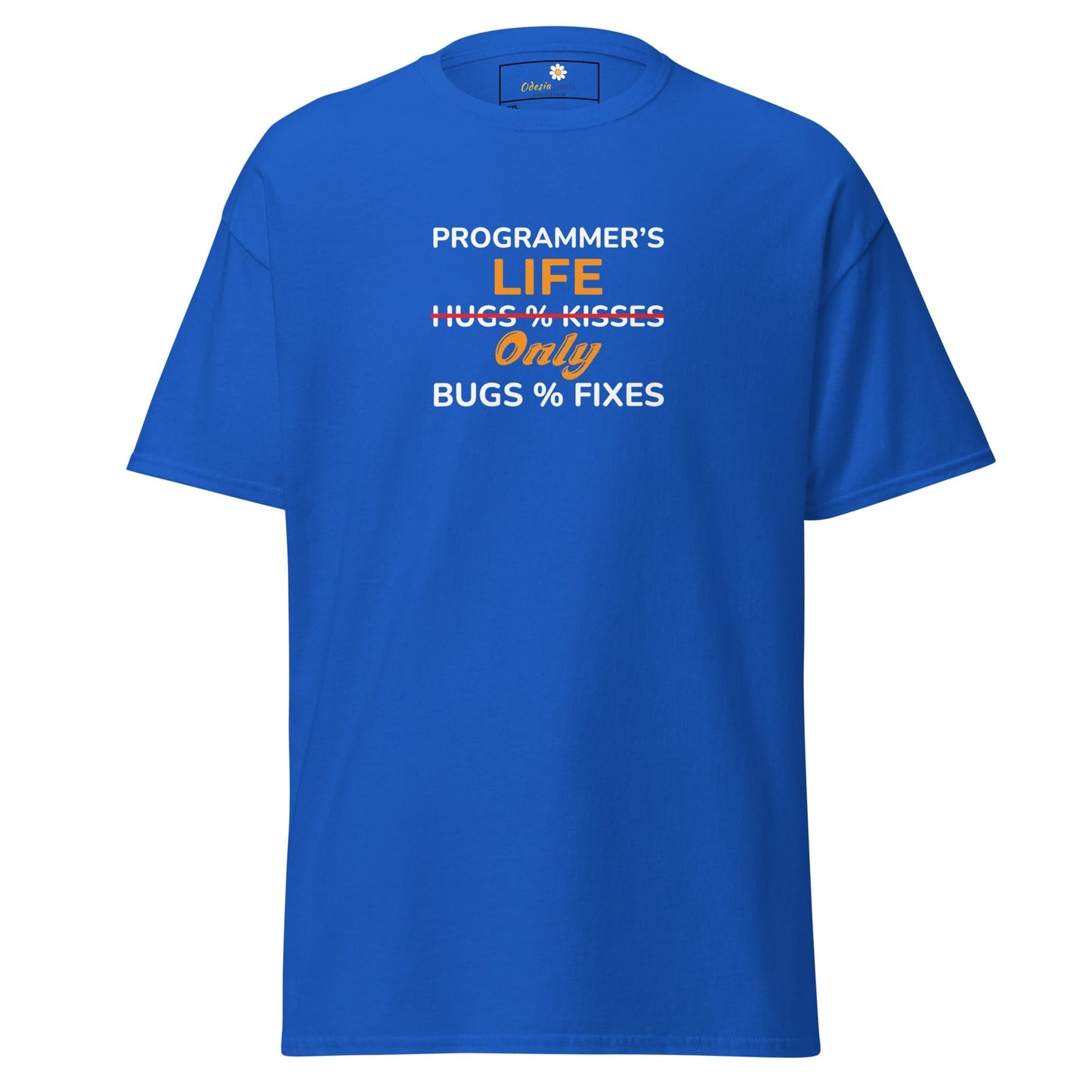 Blue t-shirt with programmer humor.