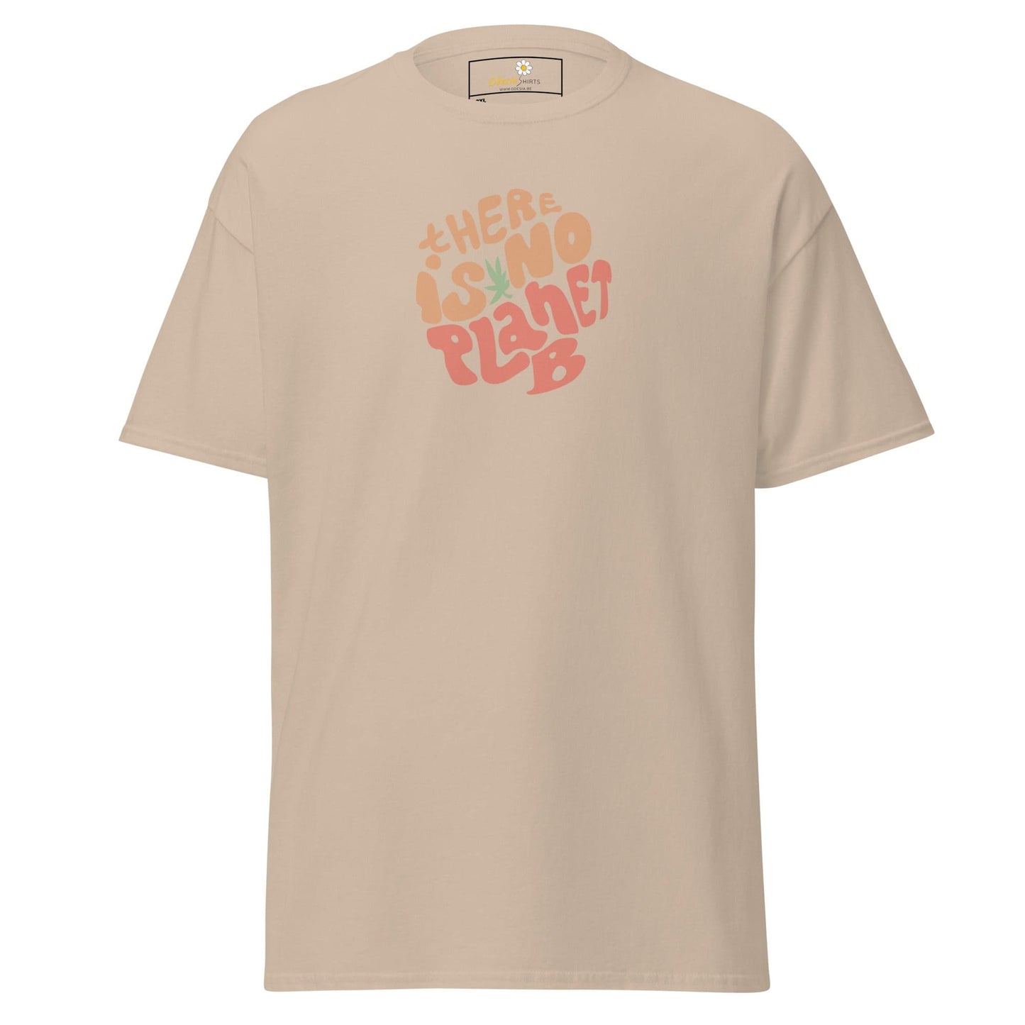 Beige t-shirt with circular text design.