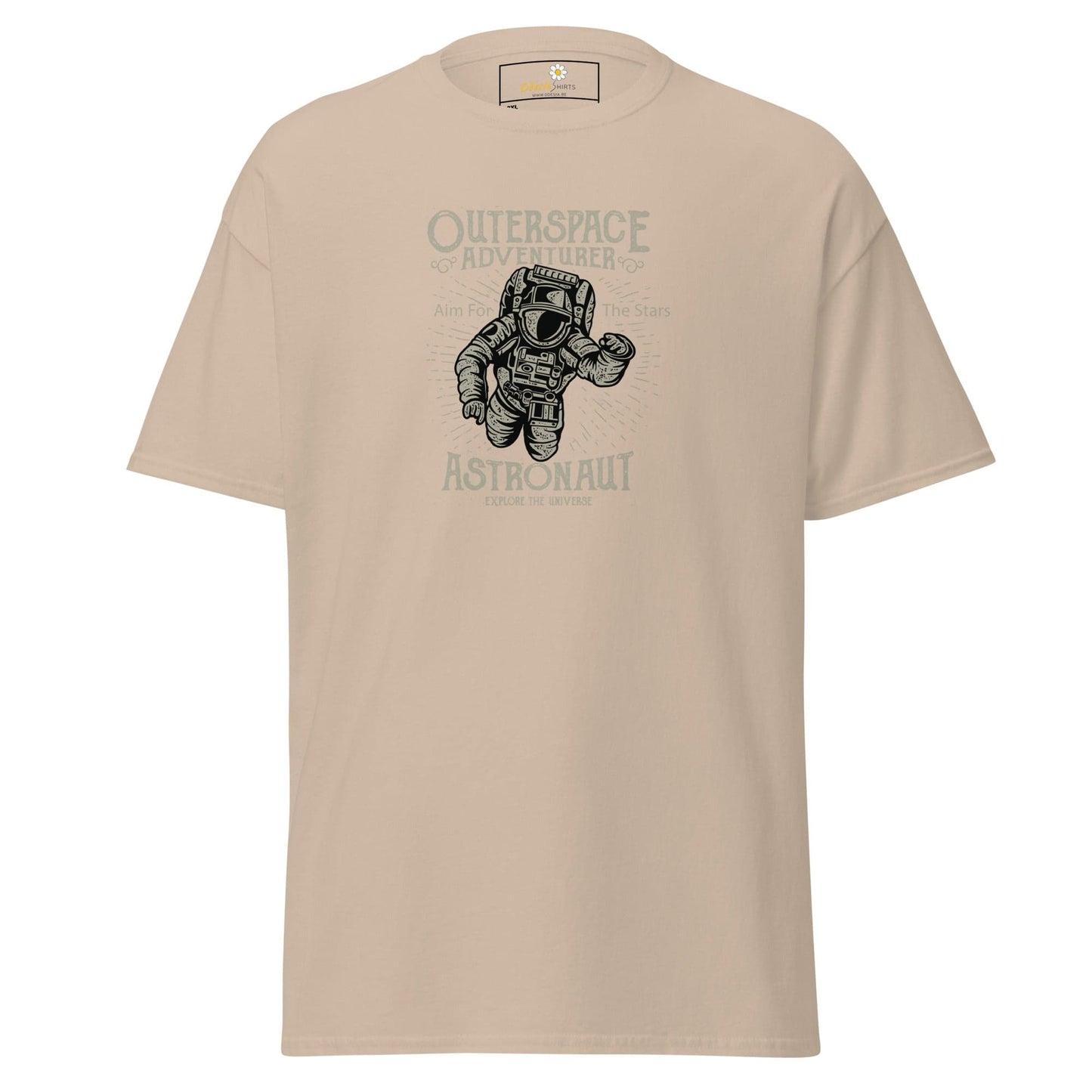 Beige t-shirt with astronaut graphic.