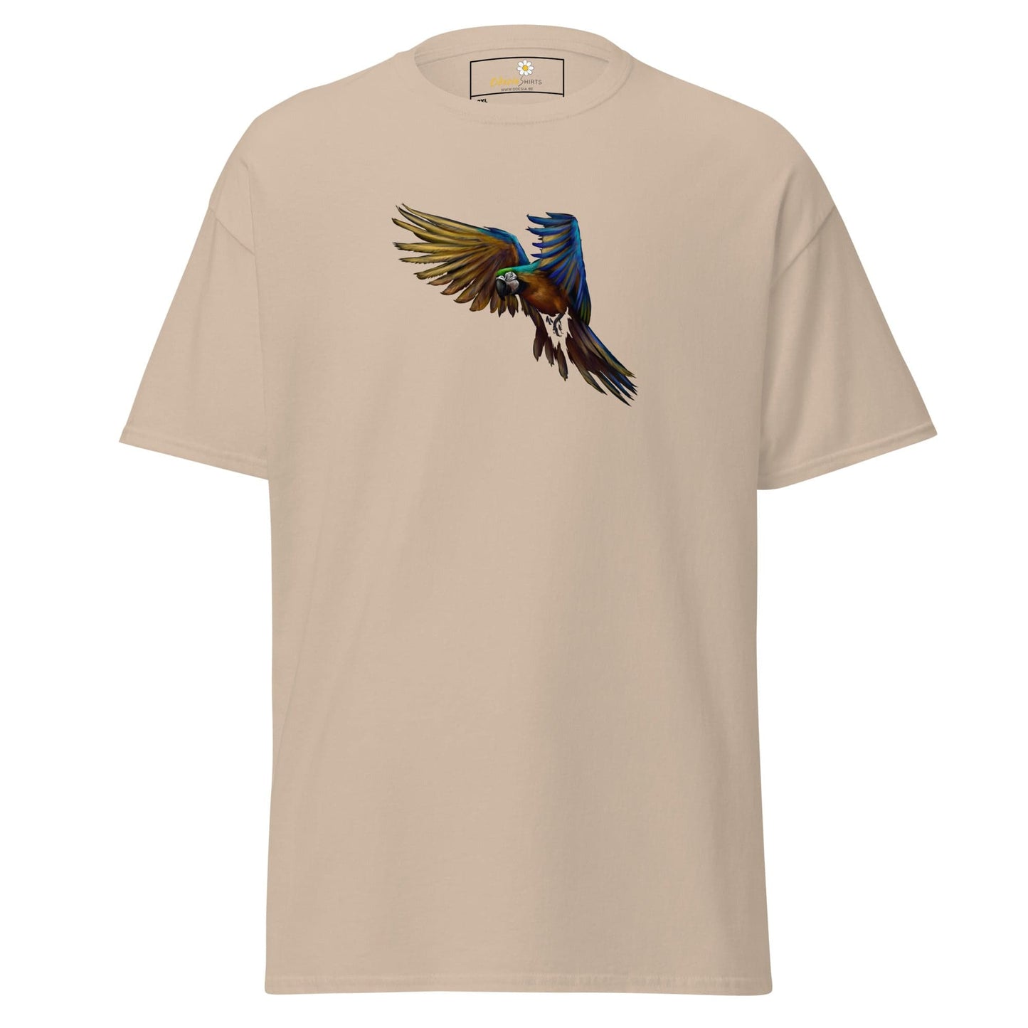 Beige T-shirt with colorful parrot graphic for men and women in 2XL to 5XL sizes