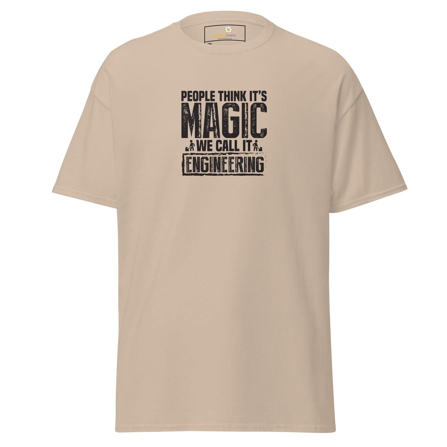 Beige t-shirt with engineering slogan.