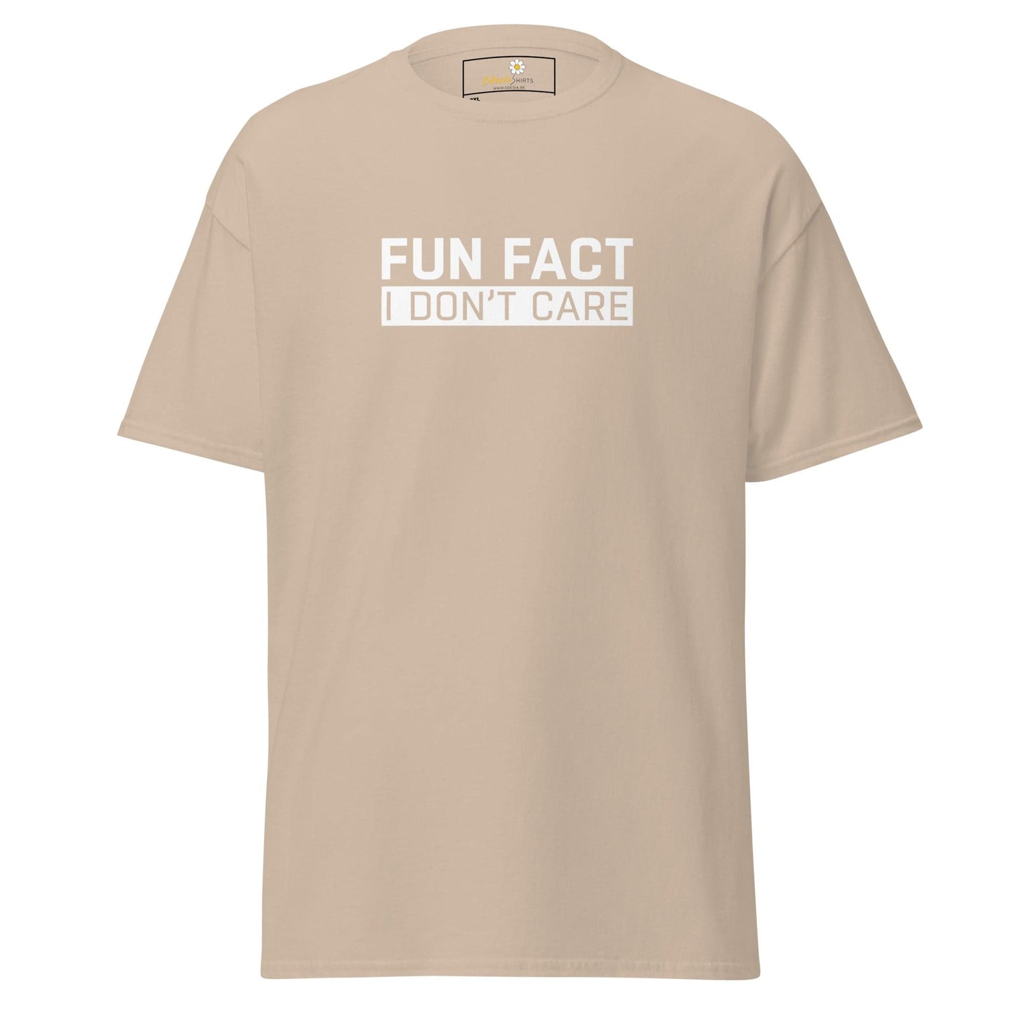 Beige t-shirt with white text.