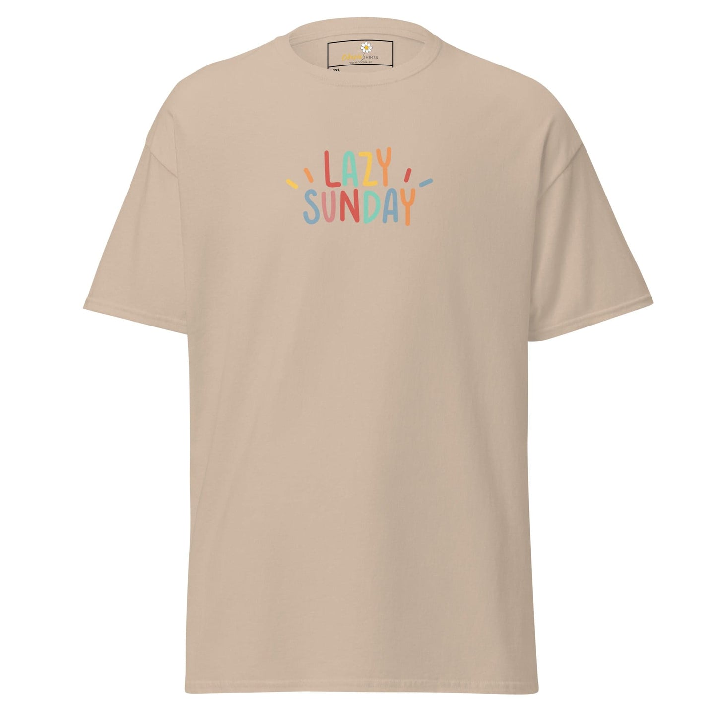 Beige t-shirt with ’Lazy Sunday’ text.