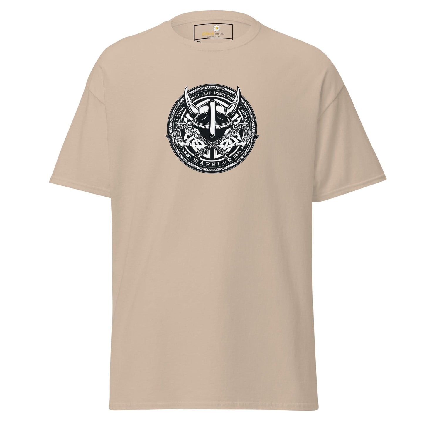 Beige t-shirt with a circular Viking helmet graphic.