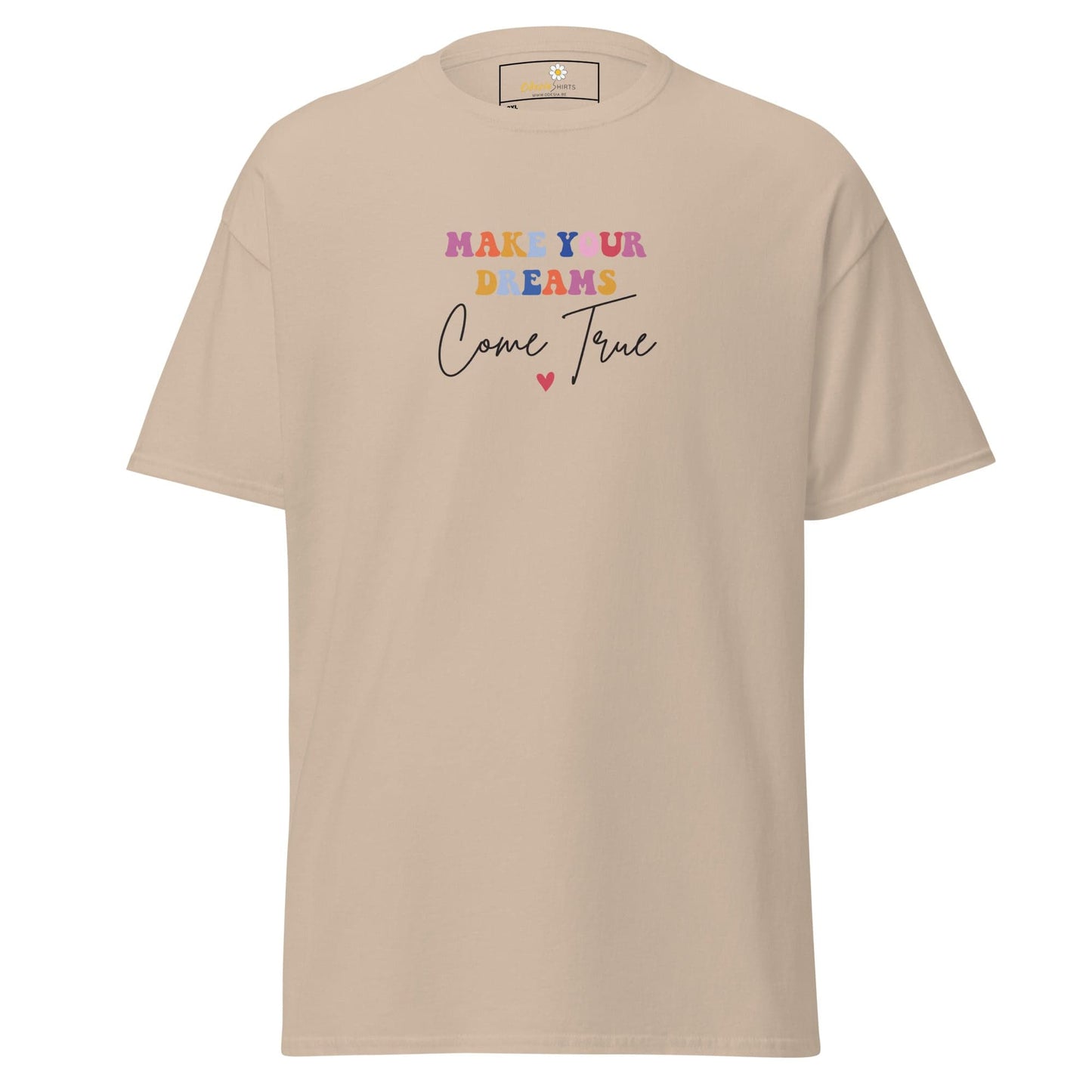 Beige t-shirt with colorful text.
