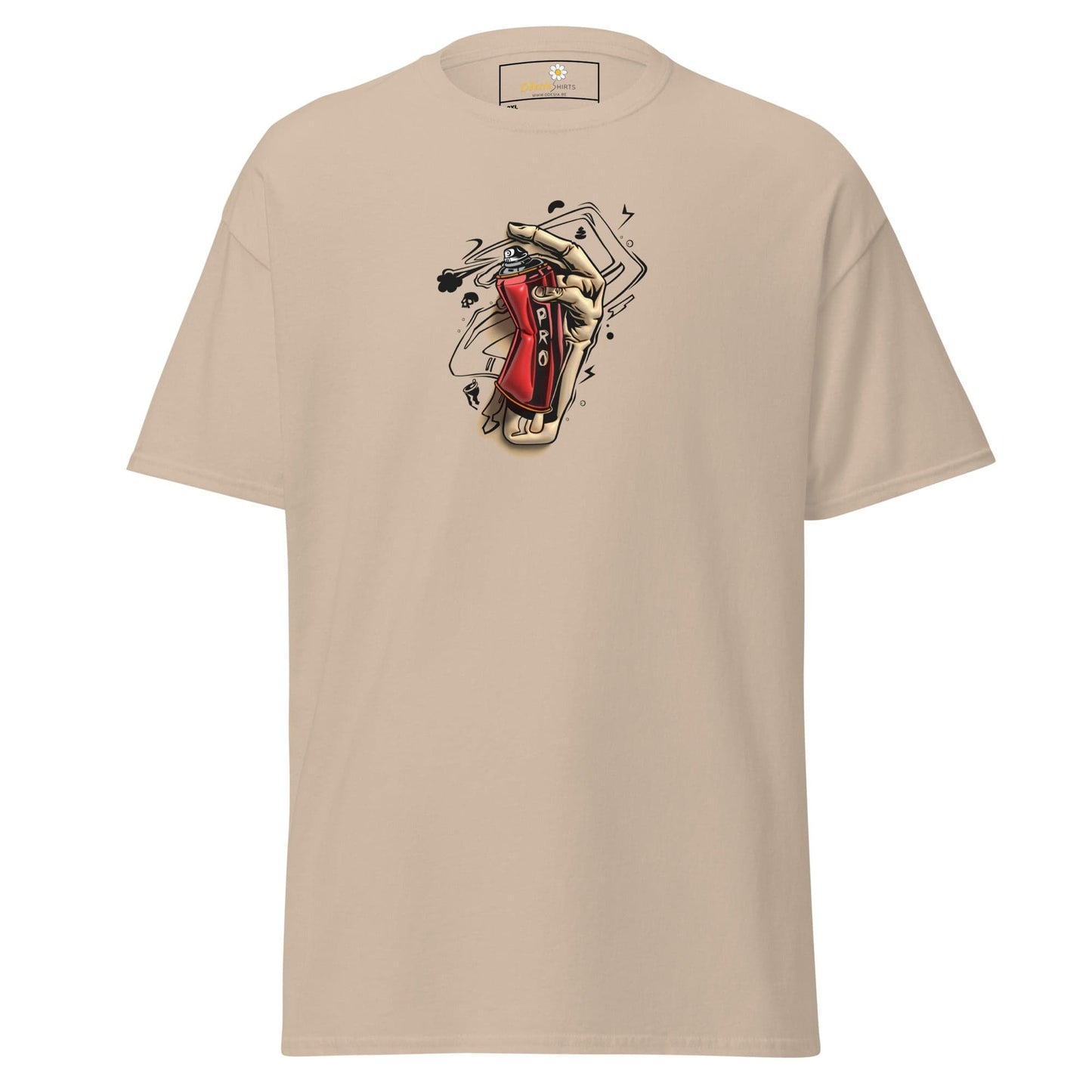 Beige t-shirt with graphic design.
