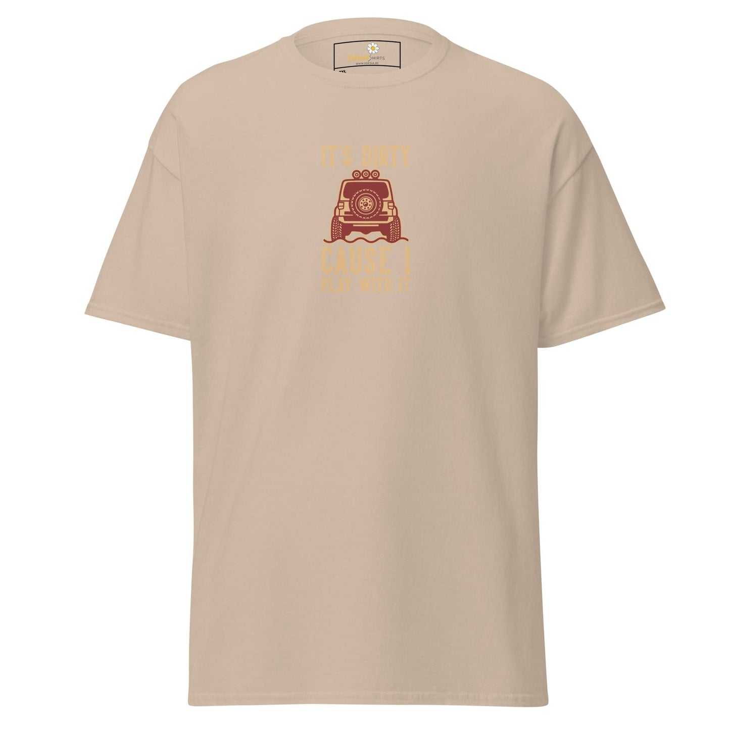 Beige t-shirt with off-road vehicle design.