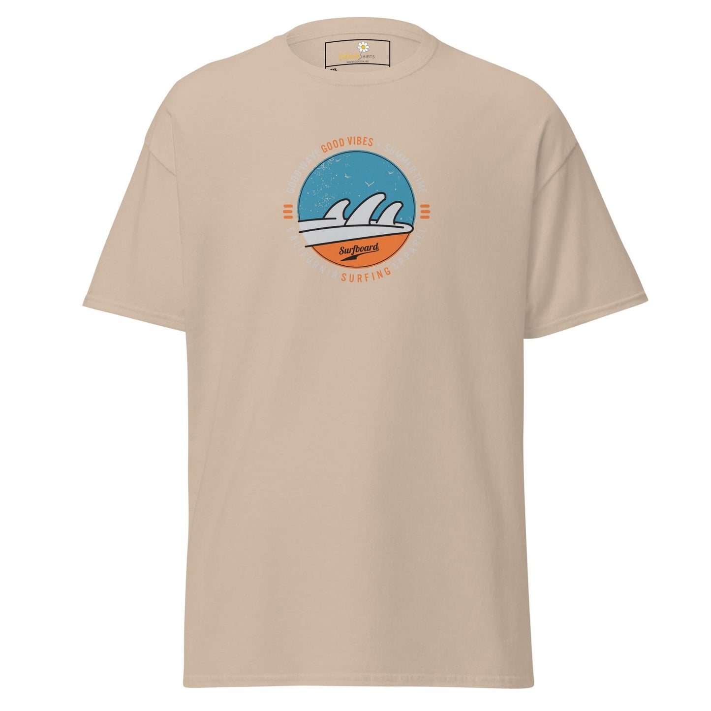 Beige t-shirt with a circular wave graphic.