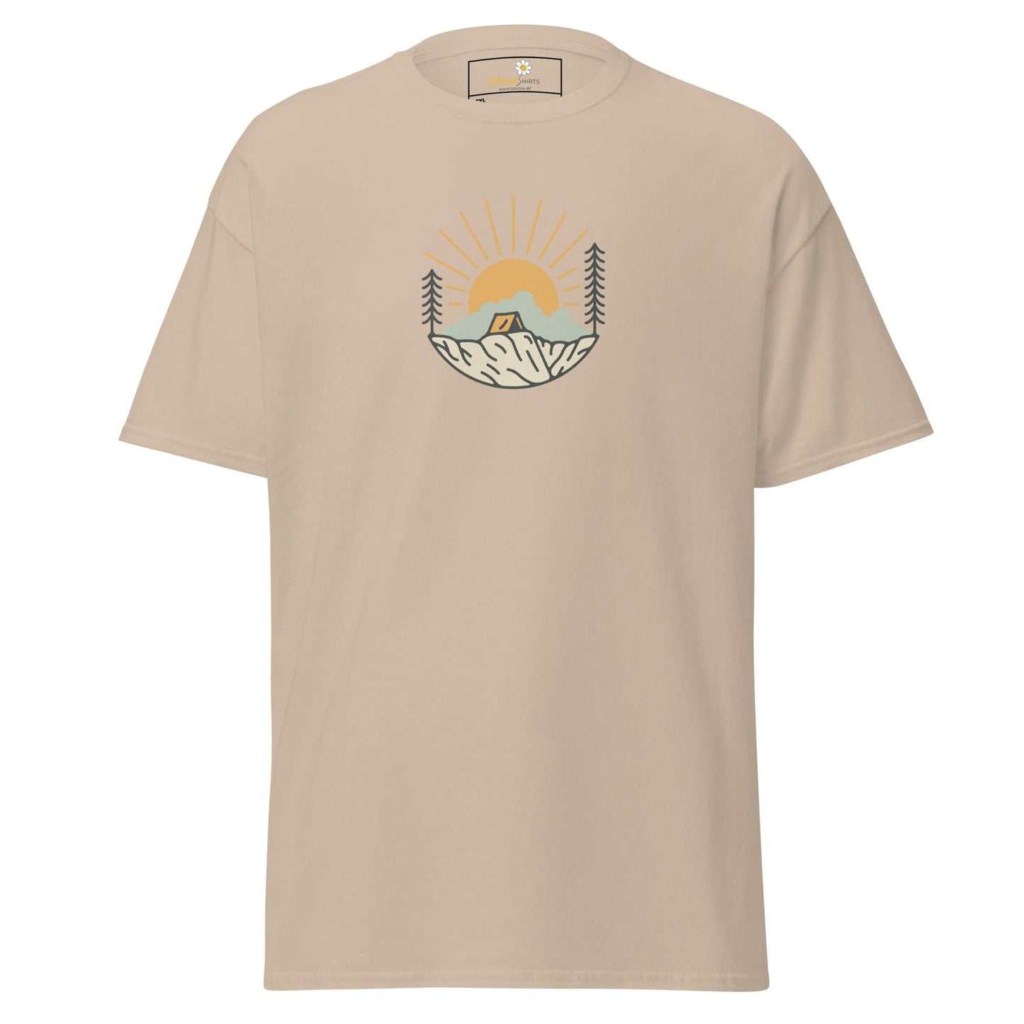 Beige t-shirt with camping graphic.