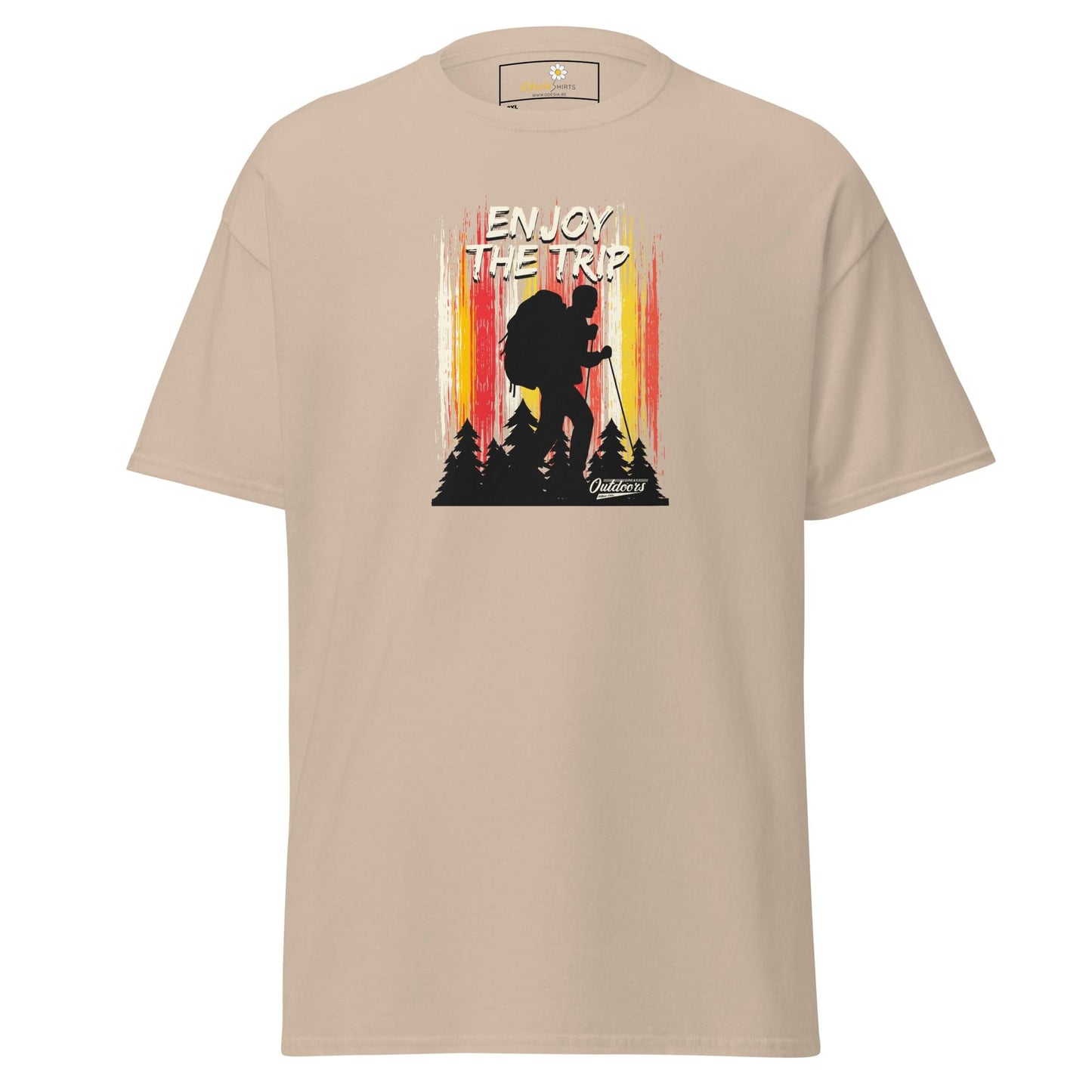 Beige t-shirt with hiking graphic.