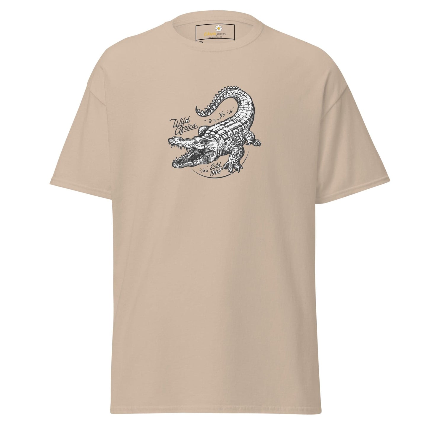 Beige t-shirt with crocodile graphic.