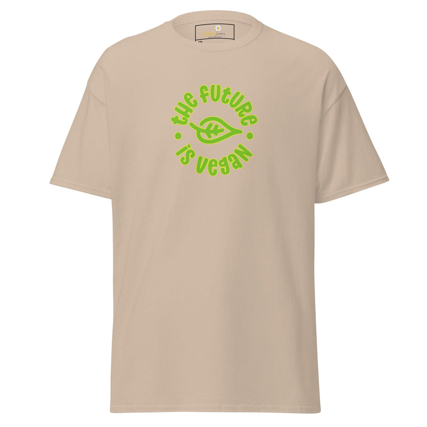 Beige t-shirt with green vegan slogan.
