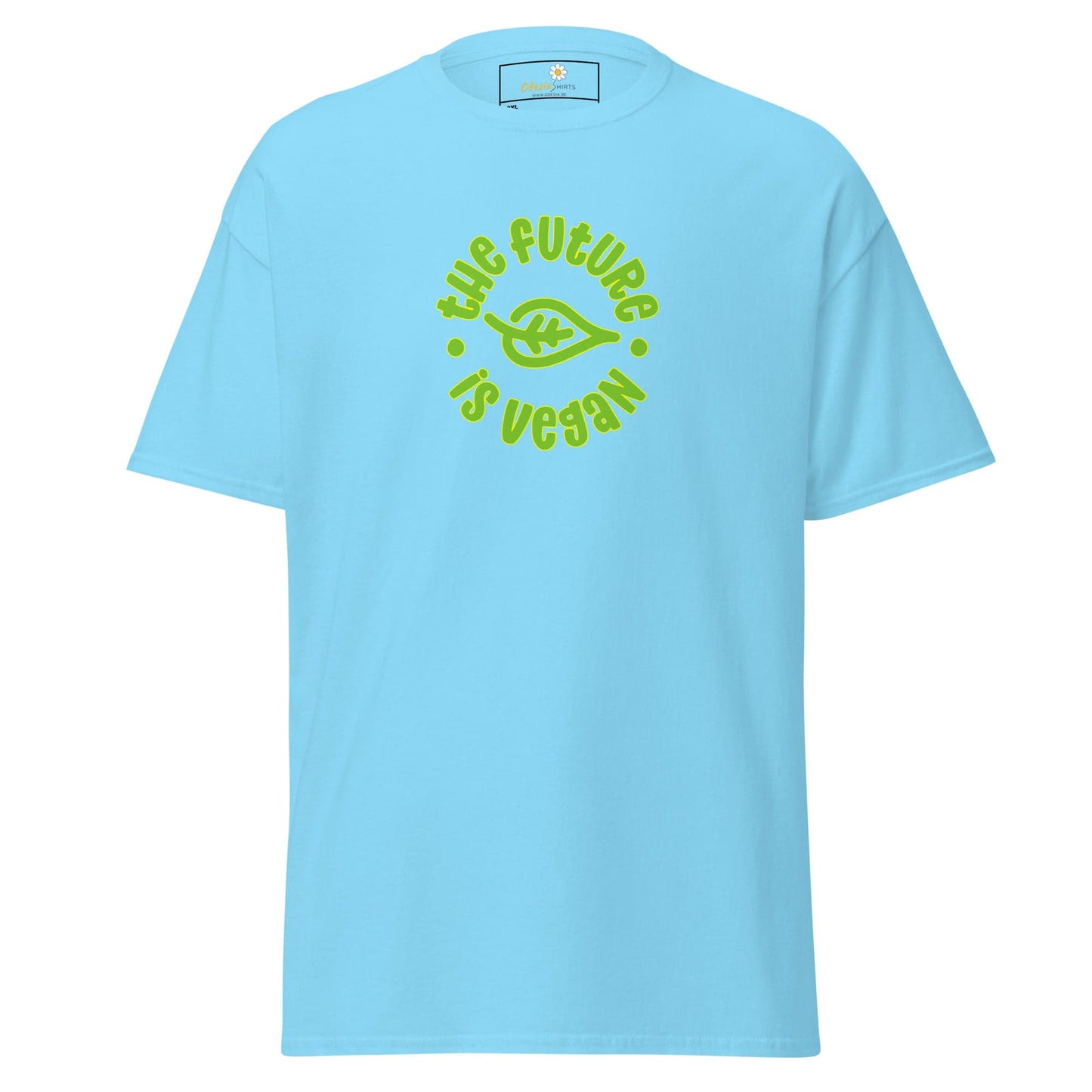 Light blue t-shirt with vegan message.