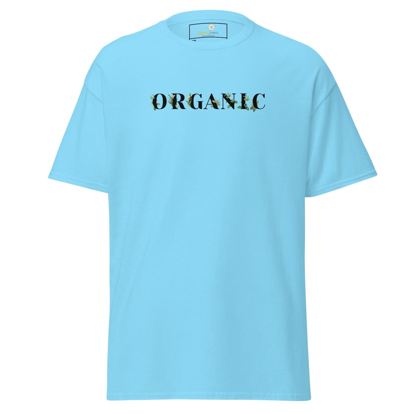Light blue T-shirt featuring ORGANIC text from T-SHIRT DESIGN TEE for men and women