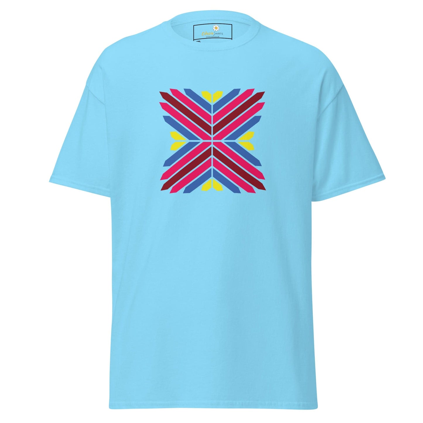 Light blue T-shirt with colorful geometric design for men and women in 2XL to 5XL sizes