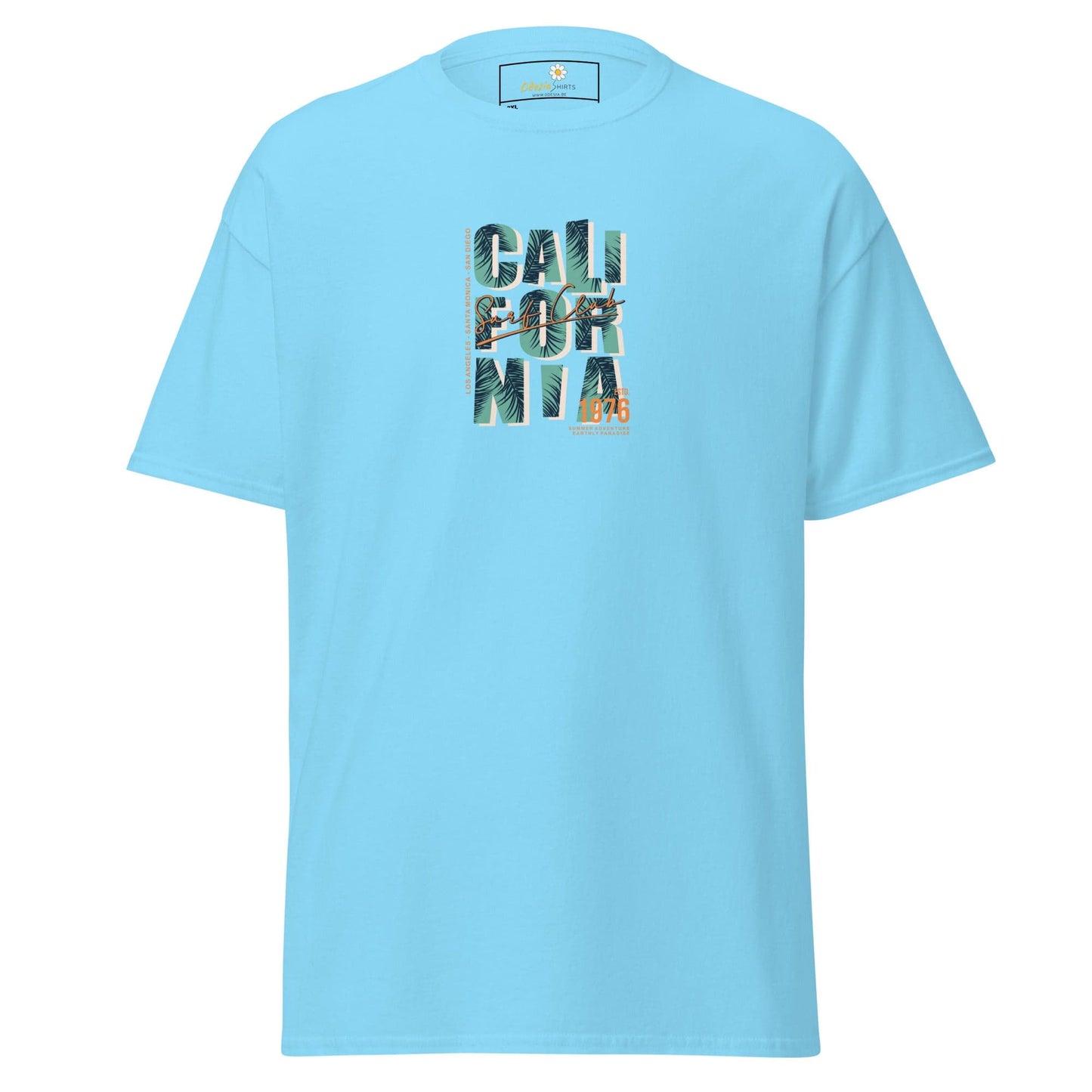Light blue t-shirt with ’California’ graphic.