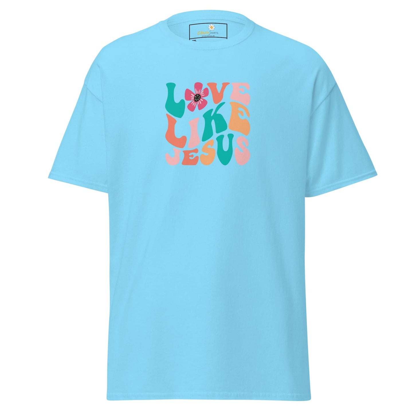 Light blue T-shirt with Love Like Jesus graphic for men and women in 2XL to 5XL sizes