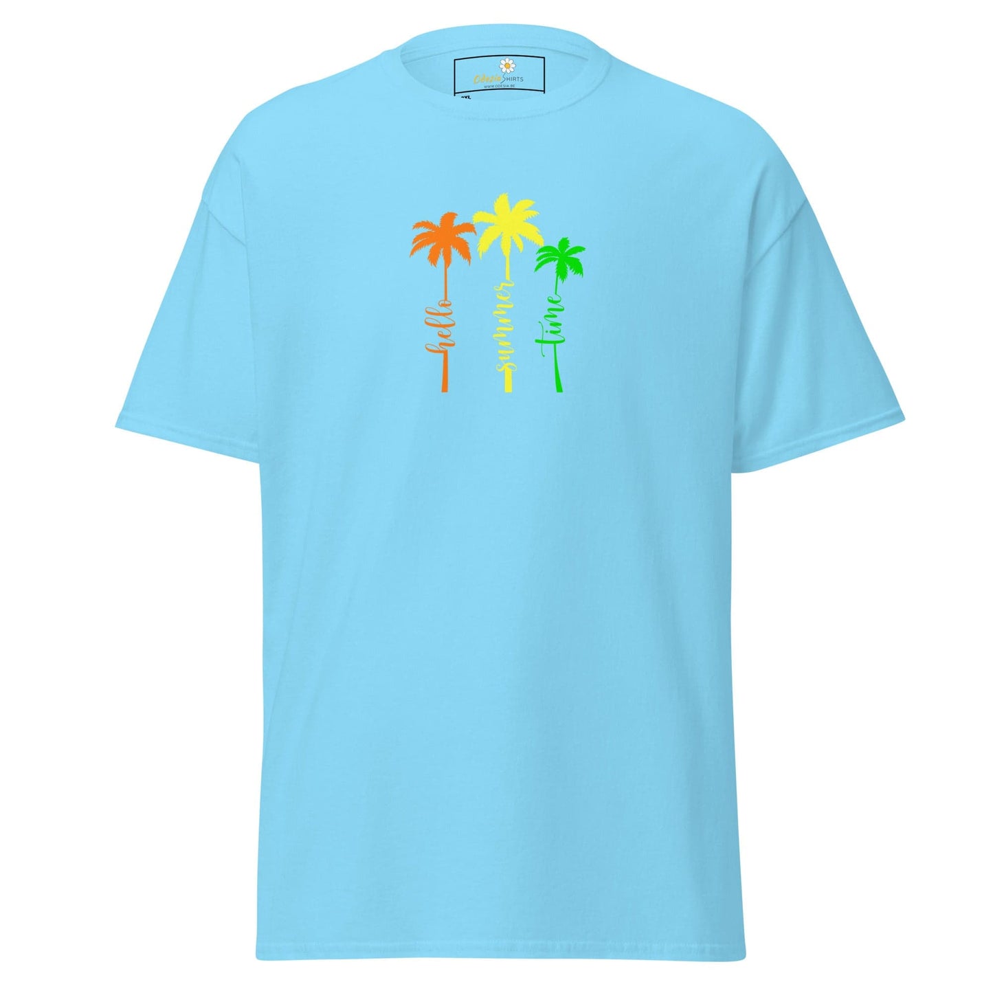 Light blue t-shirt with palm tree design.