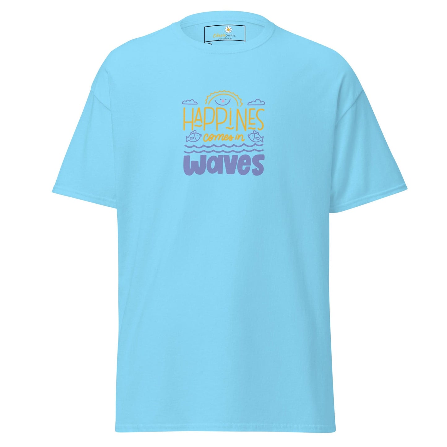 Light blue T-shirt with a beach-themed graphic for men and women in size 2XL to 5XL