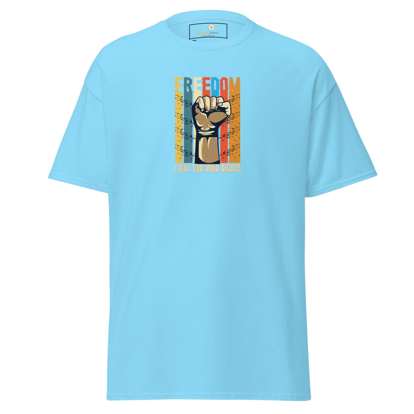 Light blue T-shirt with graphic design for men and women in sizes 2XL to 5XL