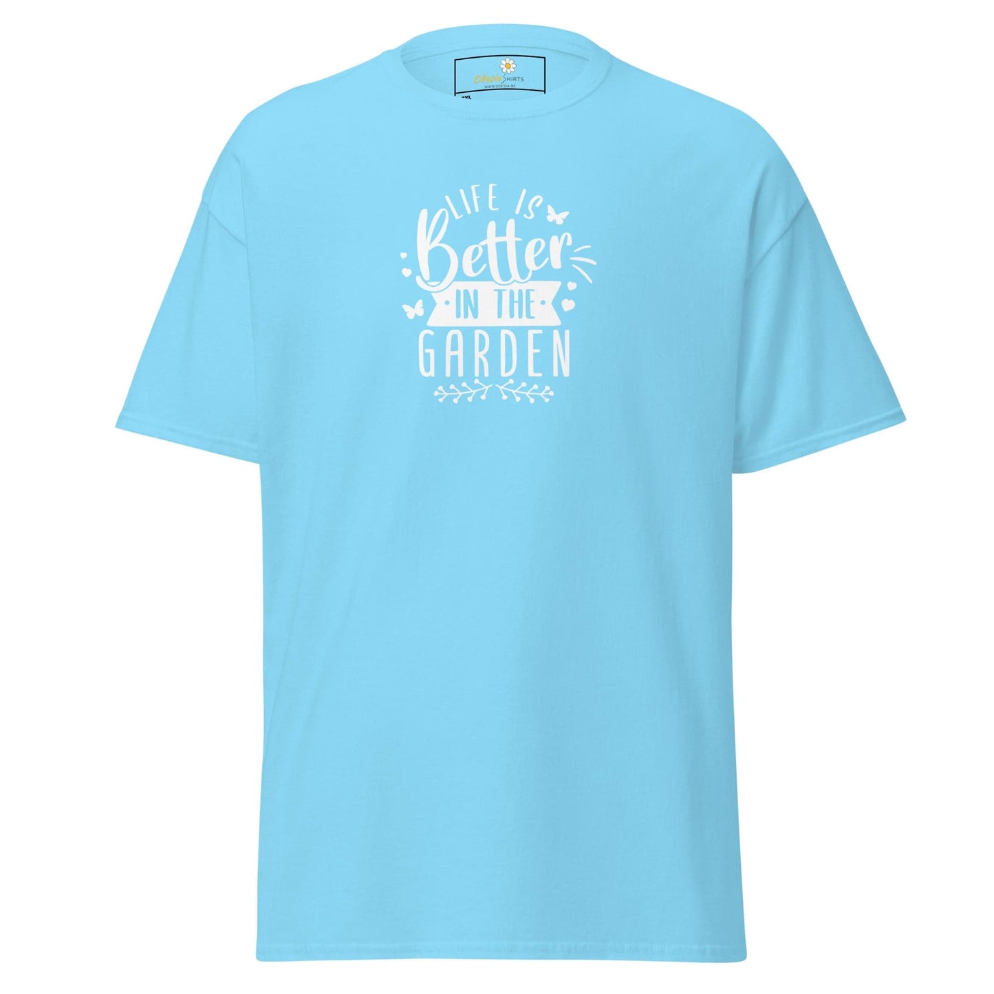 Light blue t-shirt with white text.