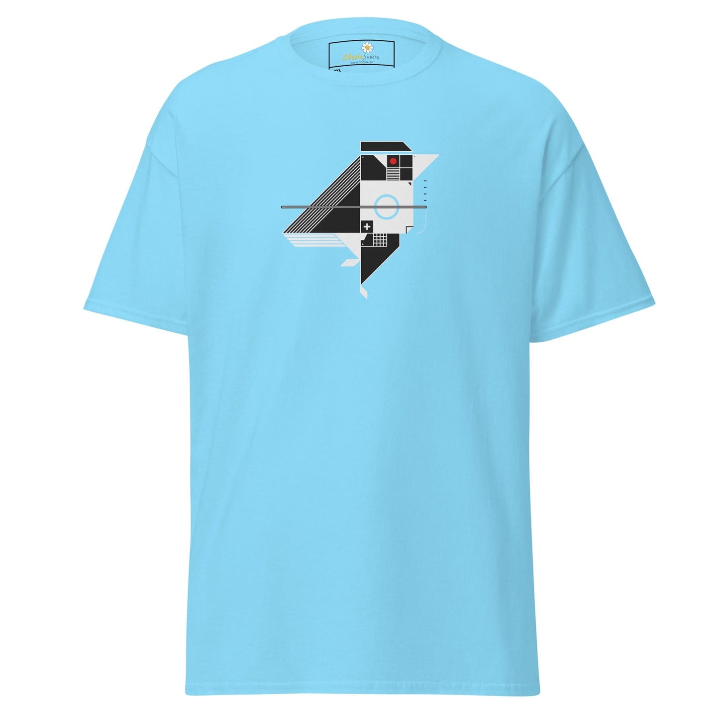 Light blue t-shirt with geometric design.